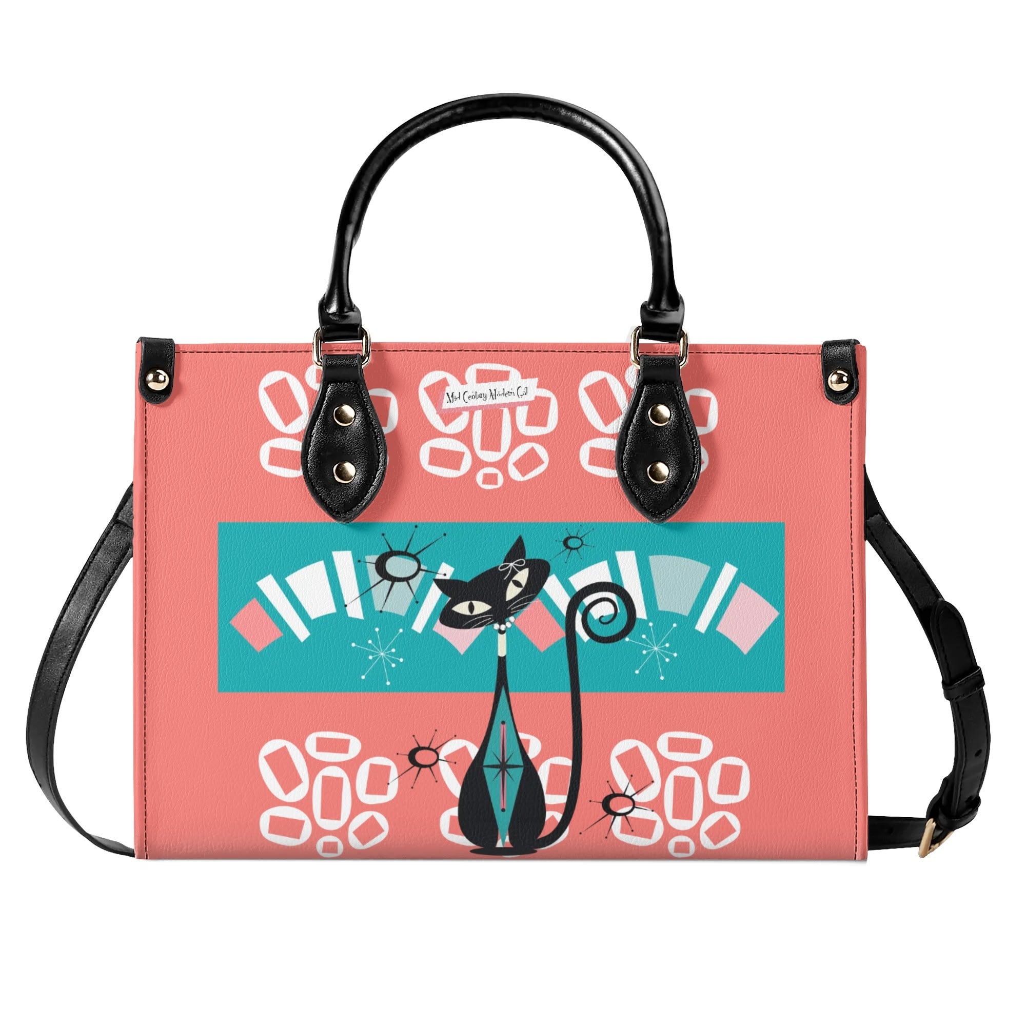 Atomic Kitschy Cat, Coral, Teal Quirky Fun Handag, Shoulder Bag By MCM GAL - Mid Century Modern Gal