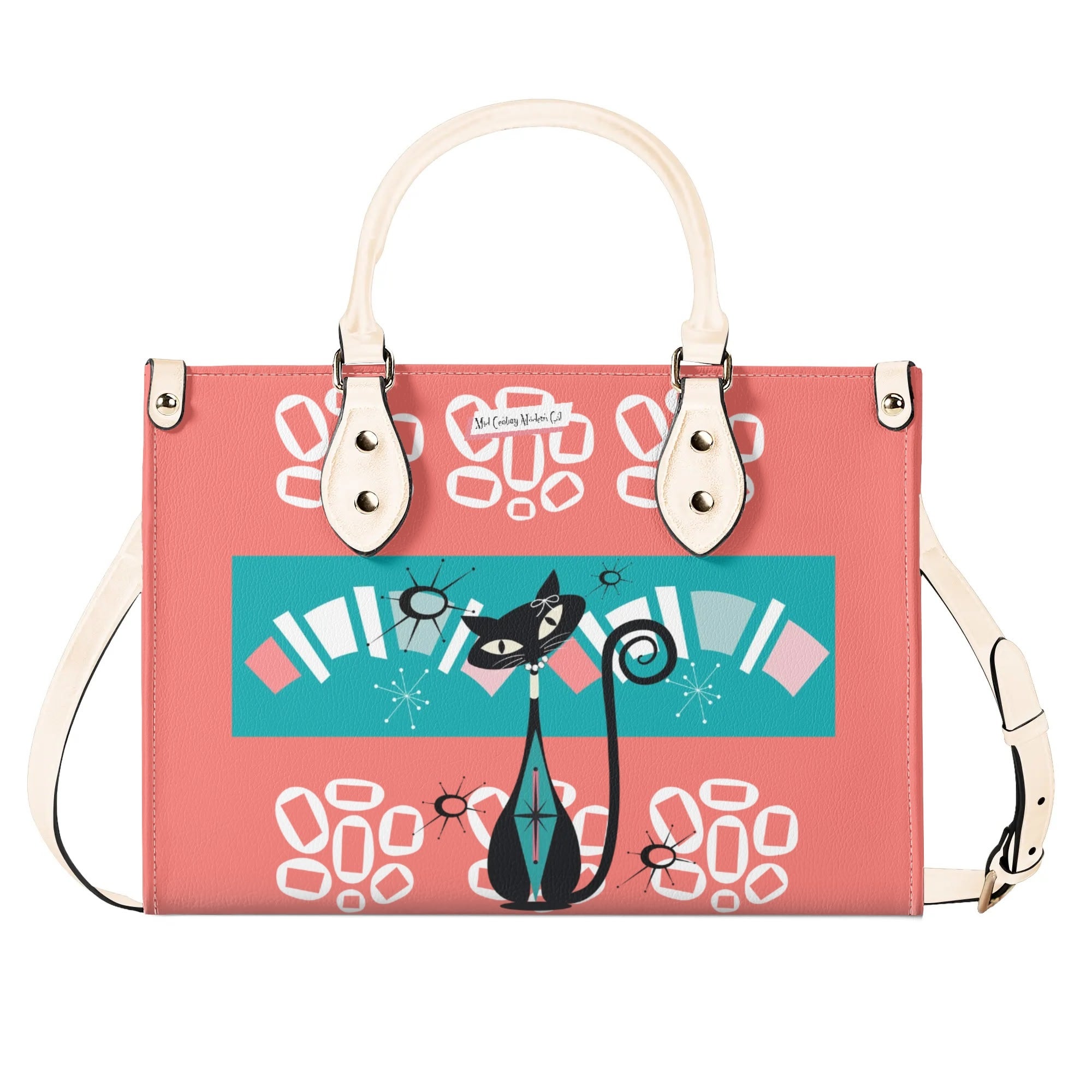 Atomic Kitschy Cat, Coral, Teal Quirky Fun Handag, Shoulder Bag By MCM GAL - Mid Century Modern Gal