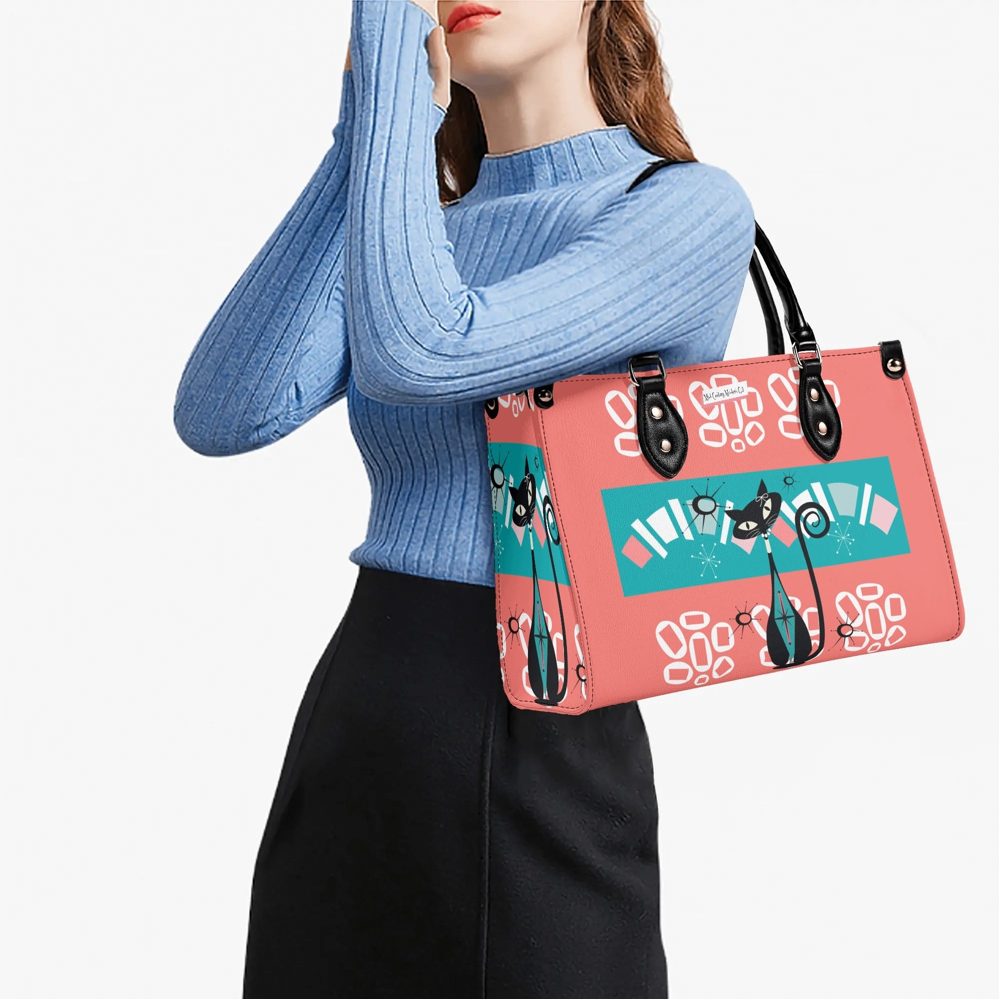 Atomic Kitschy Cat, Coral, Teal Quirky Fun Handag, Shoulder Bag By MCM GAL - Mid Century Modern Gal
