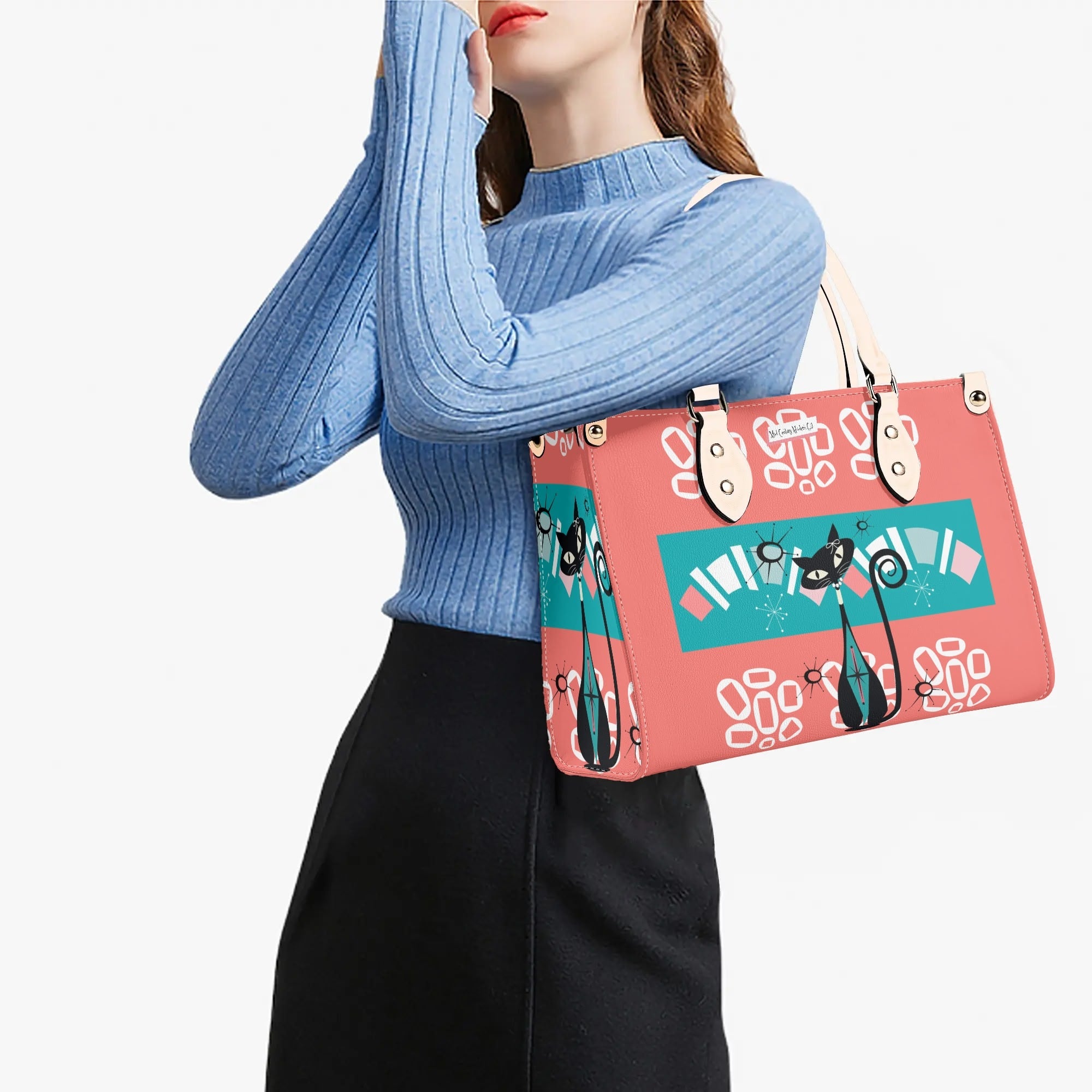 Atomic Kitschy Cat, Coral, Teal Quirky Fun Handag, Shoulder Bag By MCM GAL - Mid Century Modern Gal