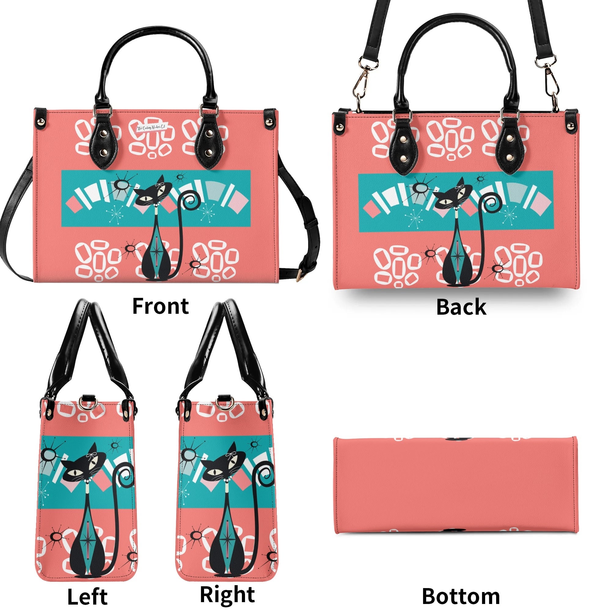Atomic Kitschy Cat, Coral, Teal Quirky Fun Handag, Shoulder Bag By MCM GAL - Mid Century Modern Gal