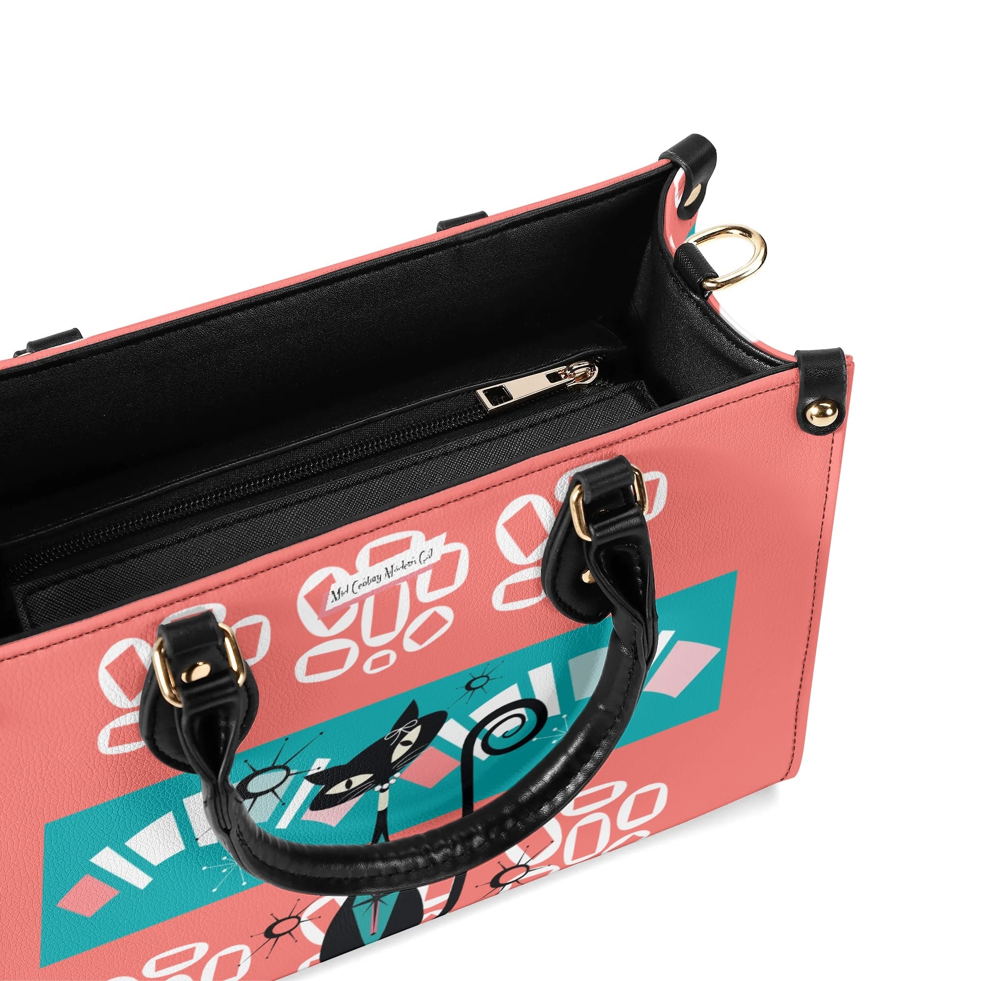 Atomic Kitschy Cat, Coral, Teal Quirky Fun Handag, Shoulder Bag By MCM GAL - Mid Century Modern Gal