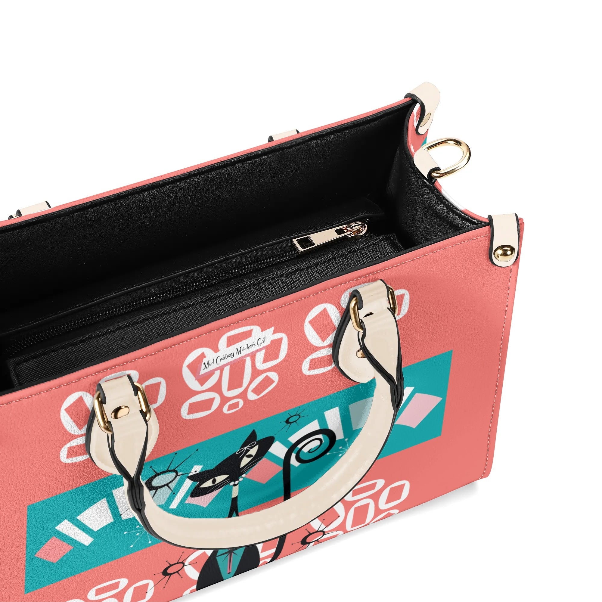 Atomic Kitschy Cat, Coral, Teal Quirky Fun Handag, Shoulder Bag By MCM GAL - Mid Century Modern Gal