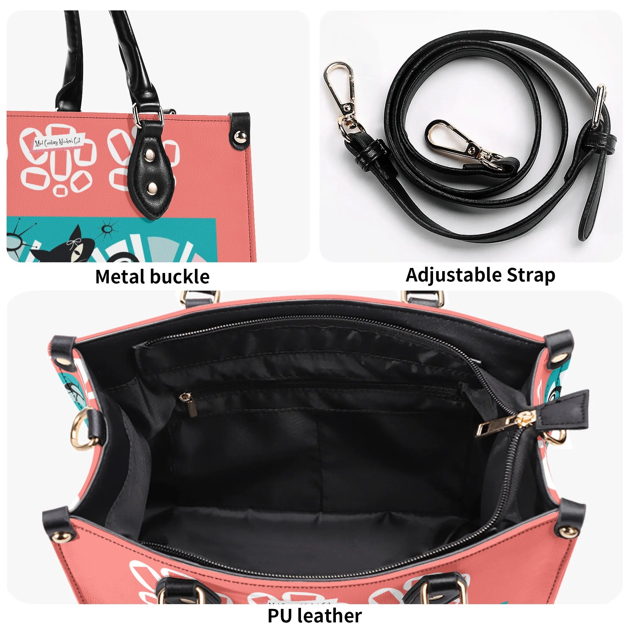 Atomic Kitschy Cat, Coral, Teal Quirky Fun Handag, Shoulder Bag By MCM GAL - Mid Century Modern Gal