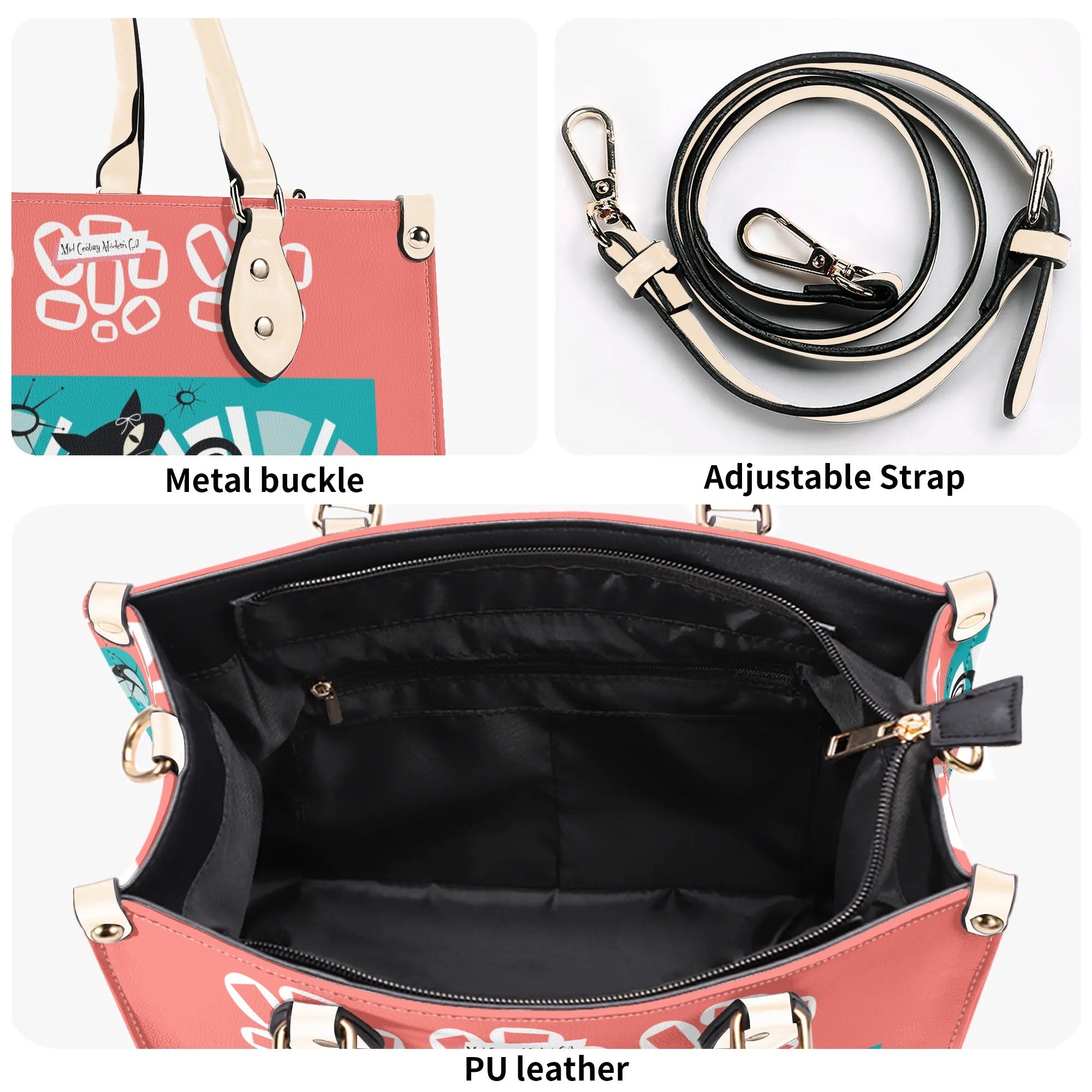 Atomic Kitschy Cat, Coral, Teal Quirky Fun Handag, Shoulder Bag By MCM GAL - Mid Century Modern Gal
