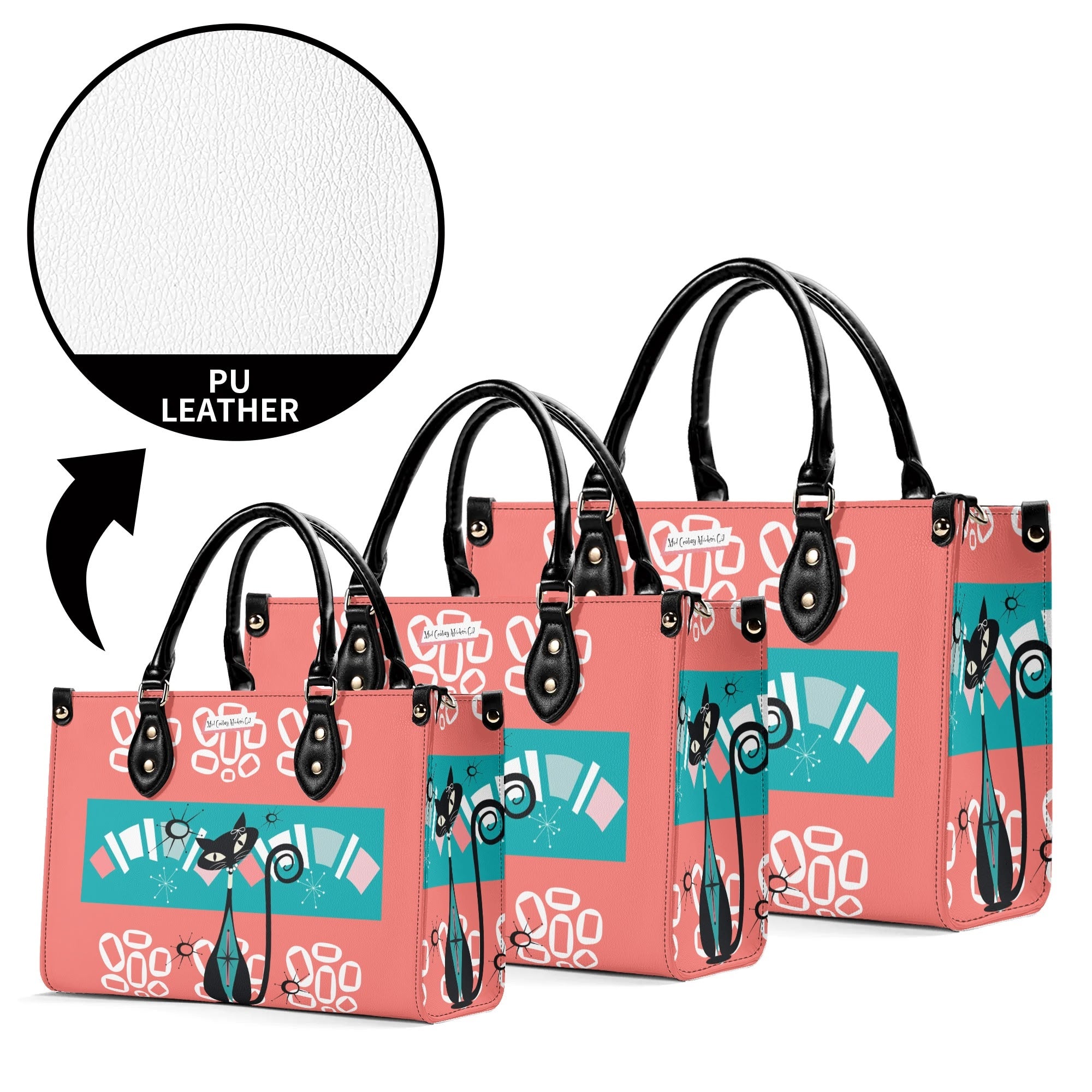 Atomic Kitschy Cat, Coral, Teal Quirky Fun Handag, Shoulder Bag By MCM GAL - Mid Century Modern Gal