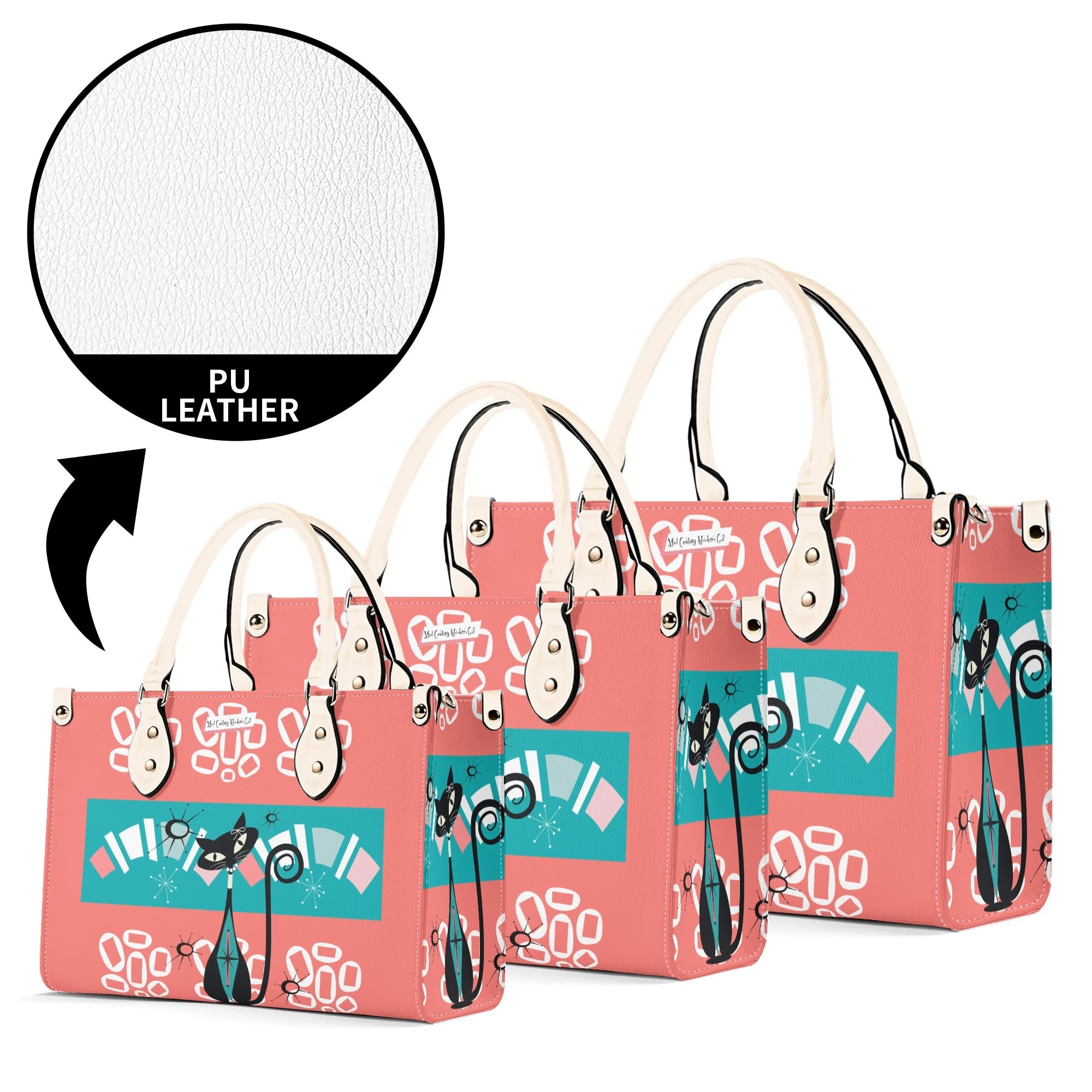 Atomic Kitschy Cat, Coral, Teal Quirky Fun Handag, Shoulder Bag By MCM GAL - Mid Century Modern Gal