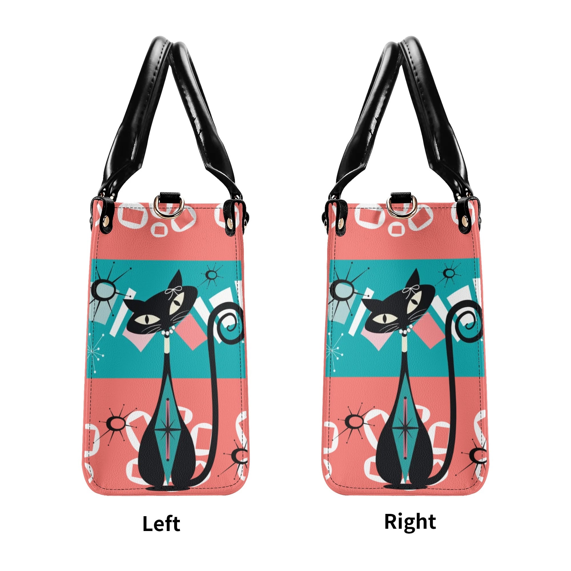 Atomic Kitschy Cat, Coral, Teal Quirky Fun Handag, Shoulder Bag By MCM GAL - Mid Century Modern Gal