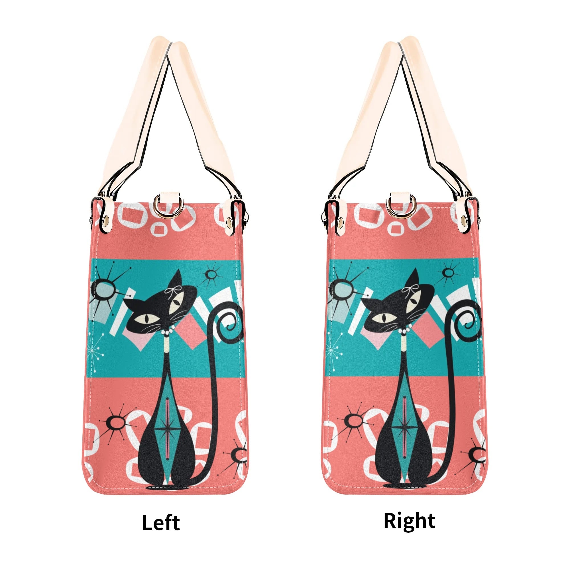 Atomic Kitschy Cat, Coral, Teal Quirky Fun Handag, Shoulder Bag By MCM GAL - Mid Century Modern Gal