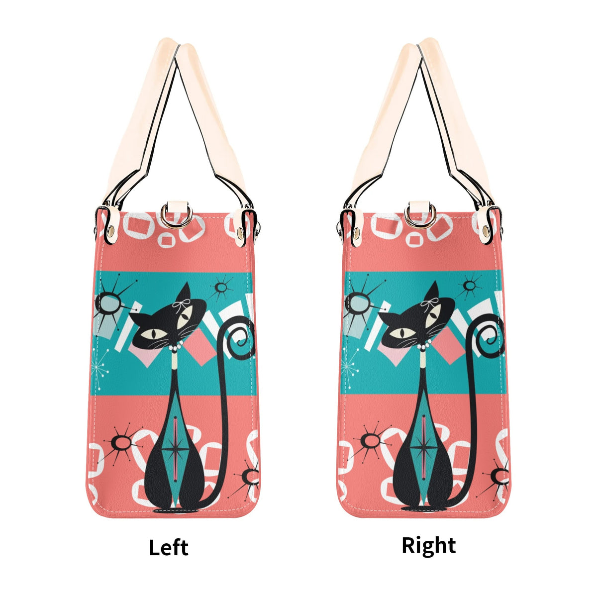 Atomic Kitschy Cat, Coral, Teal Quirky Fun Handag, Shoulder Bag By MCM GAL - Mid Century Modern Gal