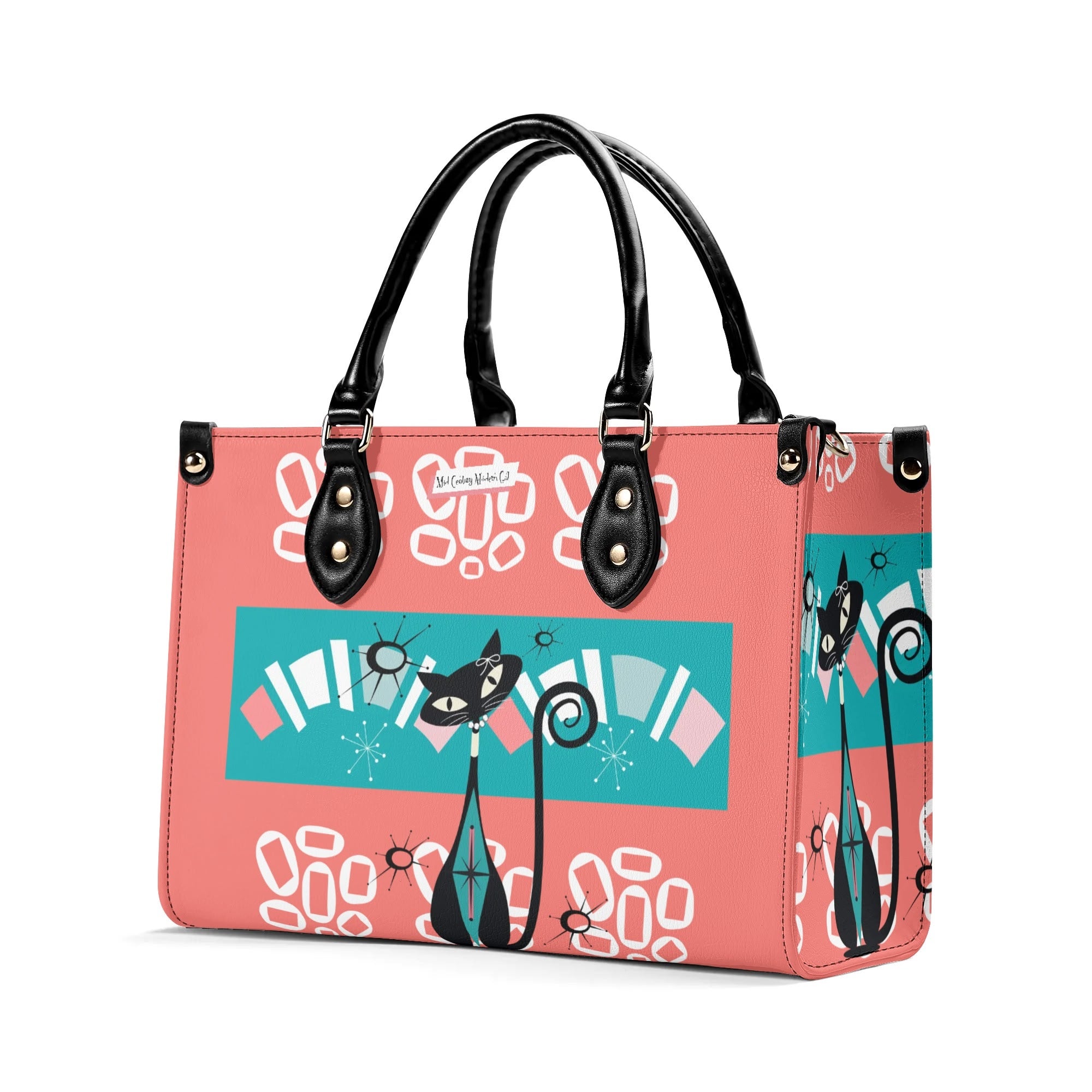 Atomic Kitschy Cat, Coral, Teal Quirky Fun Handag, Shoulder Bag By MCM GAL - Mid Century Modern Gal