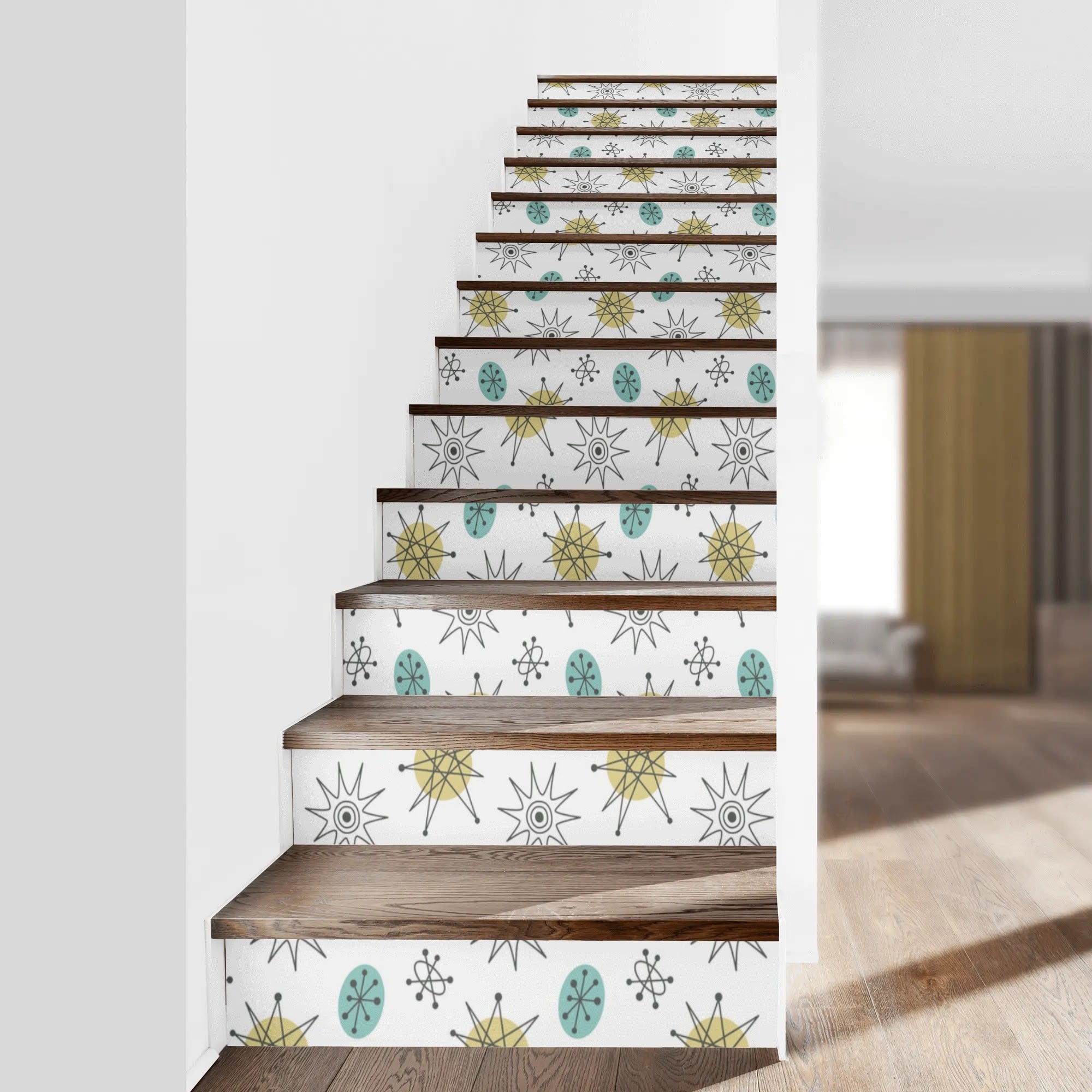 Franciscan Starburst White, Aqua Mid Mod Stair Riser Peel And Stick - Mid Century Modern Gal