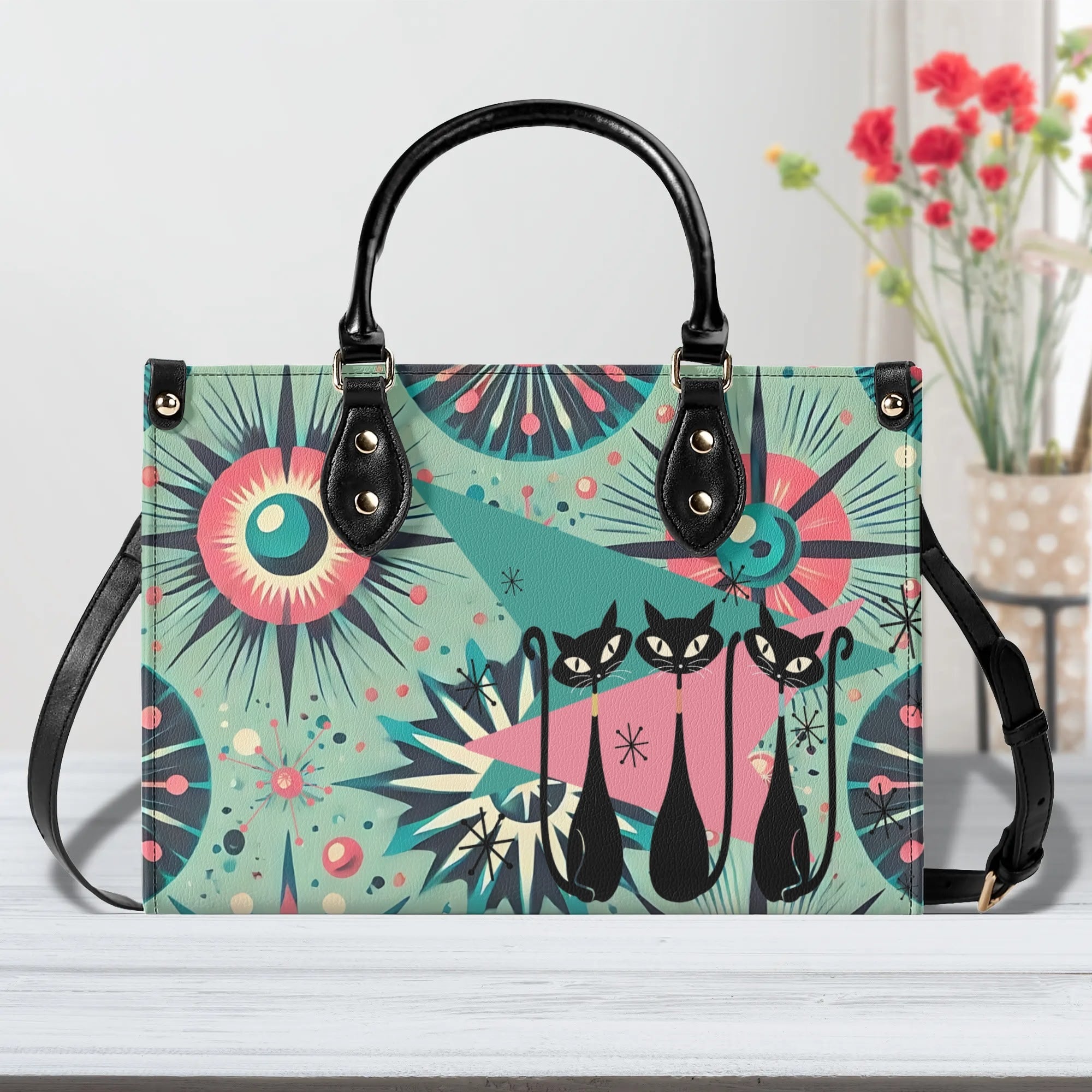 Atomic Style Kitschy Kitties, Mid Century Modern Teal, Pink Kitschy Fun Handbag, Shoulder Bag - Mid Century Modern Gal