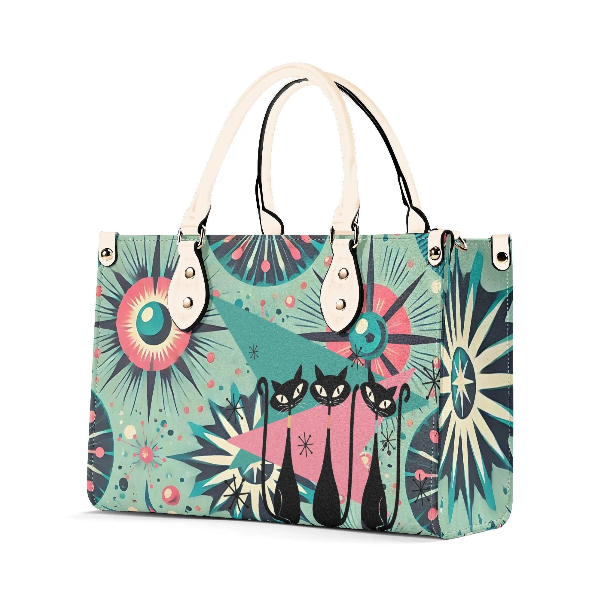 Atomic Style Kitschy Kitties, Mid Century Modern Teal, Pink Kitschy Fun Handbag, Shoulder Bag - Mid Century Modern Gal