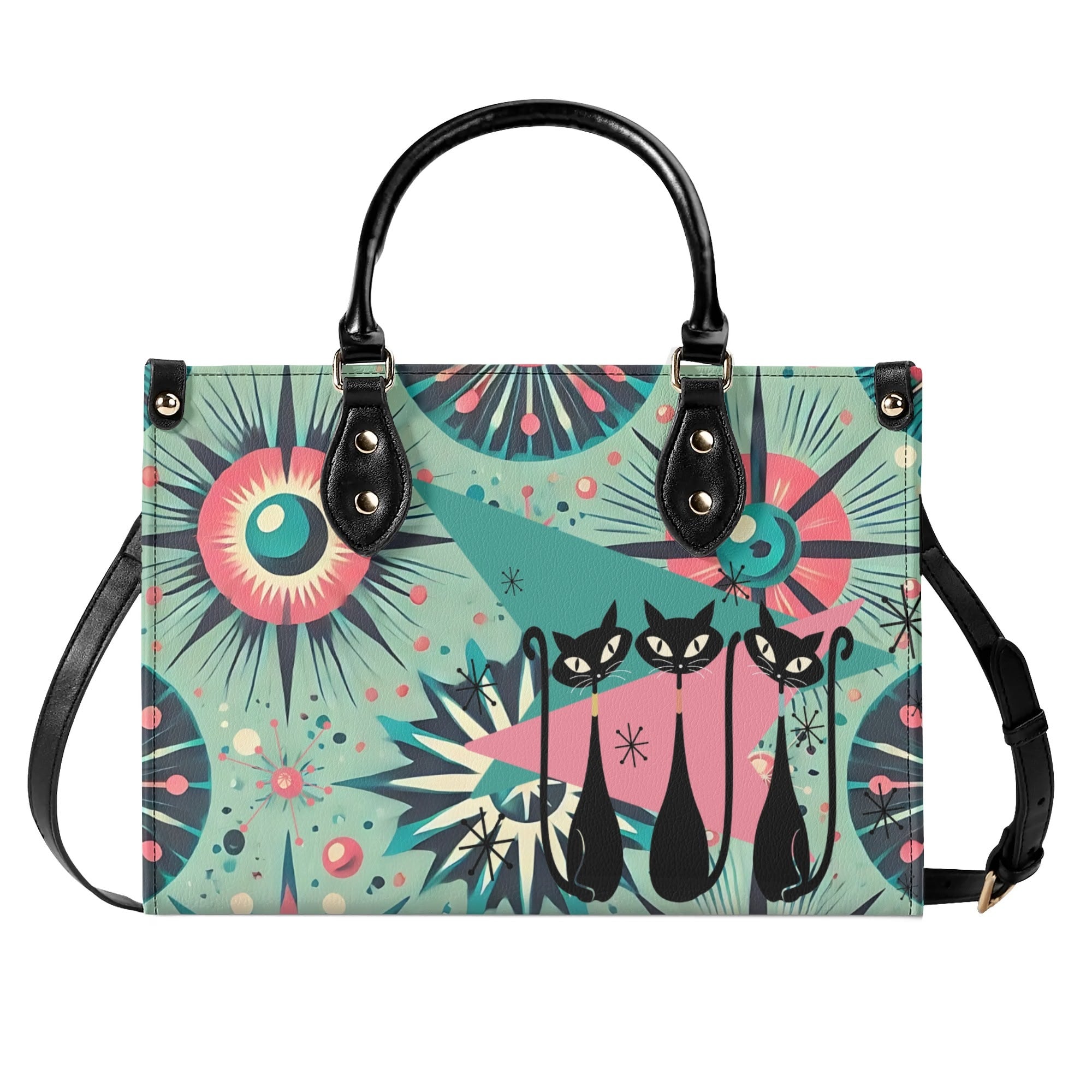 Atomic Style Kitschy Kitties, Mid Century Modern Teal, Pink Kitschy Fun Handbag, Shoulder Bag - Mid Century Modern Gal