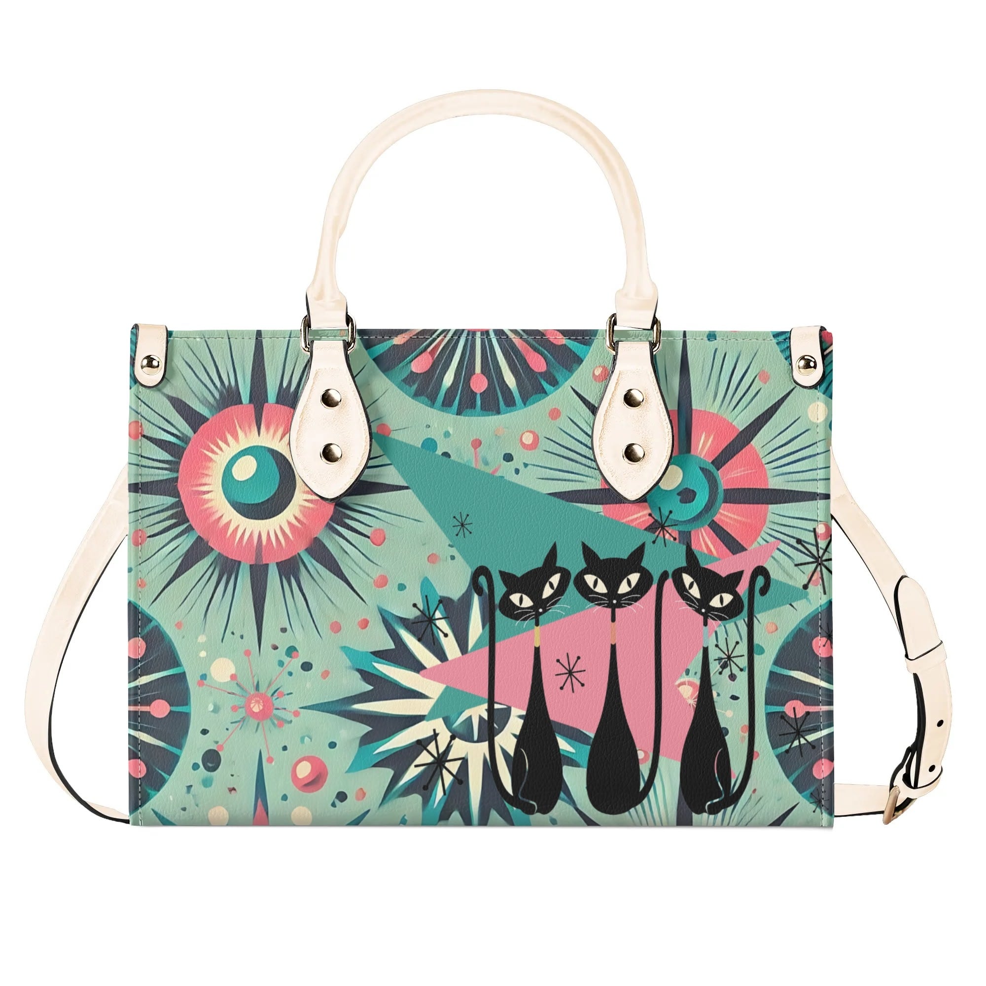 Atomic Style Kitschy Kitties, Mid Century Modern Teal, Pink Kitschy Fun Handbag, Shoulder Bag - Mid Century Modern Gal