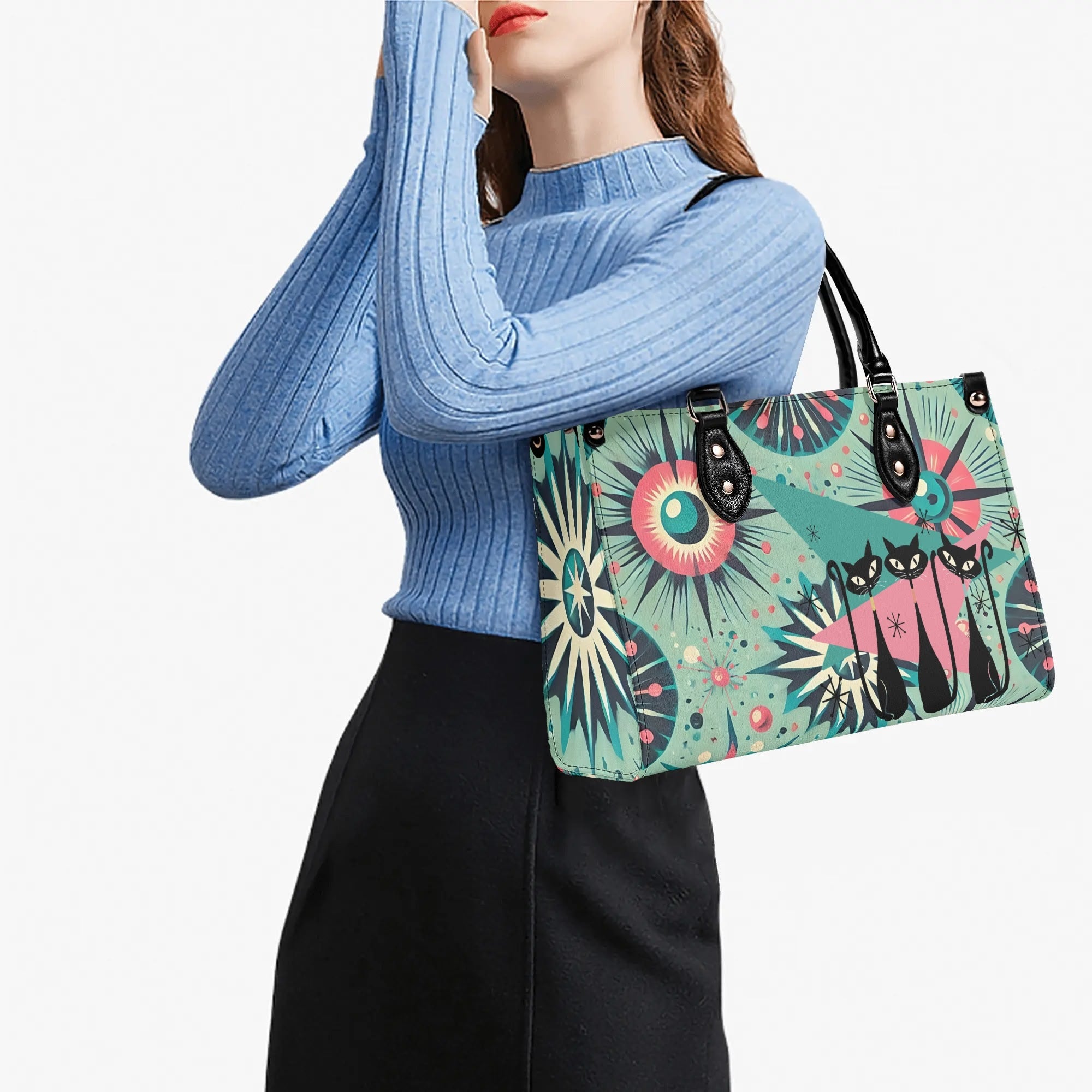 Atomic Style Kitschy Kitties, Mid Century Modern Teal, Pink Kitschy Fun Handbag, Shoulder Bag - Mid Century Modern Gal