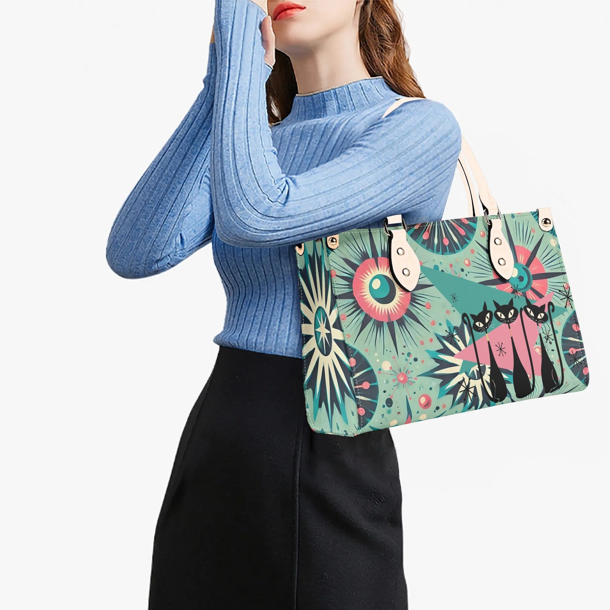 Atomic Style Kitschy Kitties, Mid Century Modern Teal, Pink Kitschy Fun Handbag, Shoulder Bag - Mid Century Modern Gal