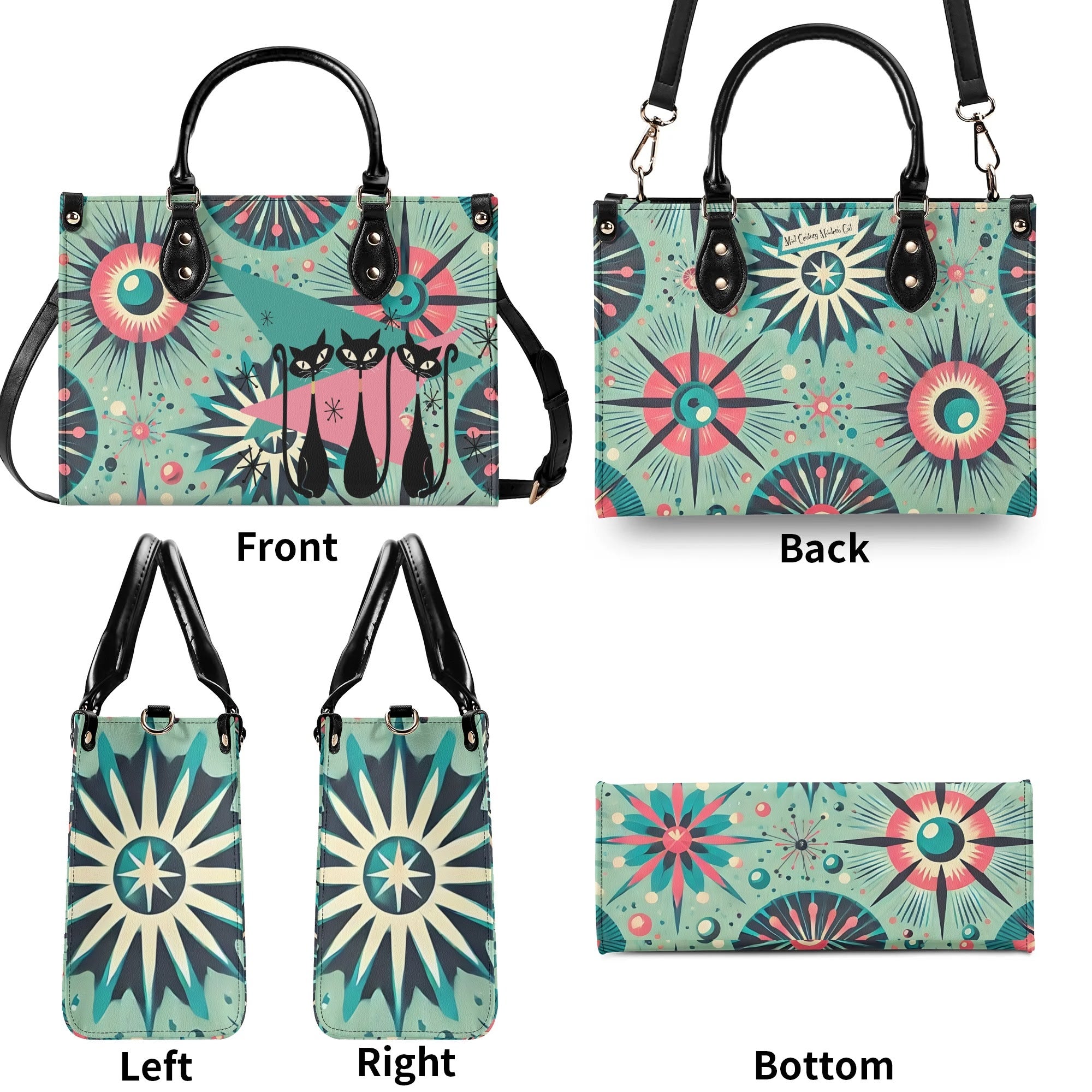 Atomic Style Kitschy Kitties, Mid Century Modern Teal, Pink Kitschy Fun Handbag, Shoulder Bag - Mid Century Modern Gal