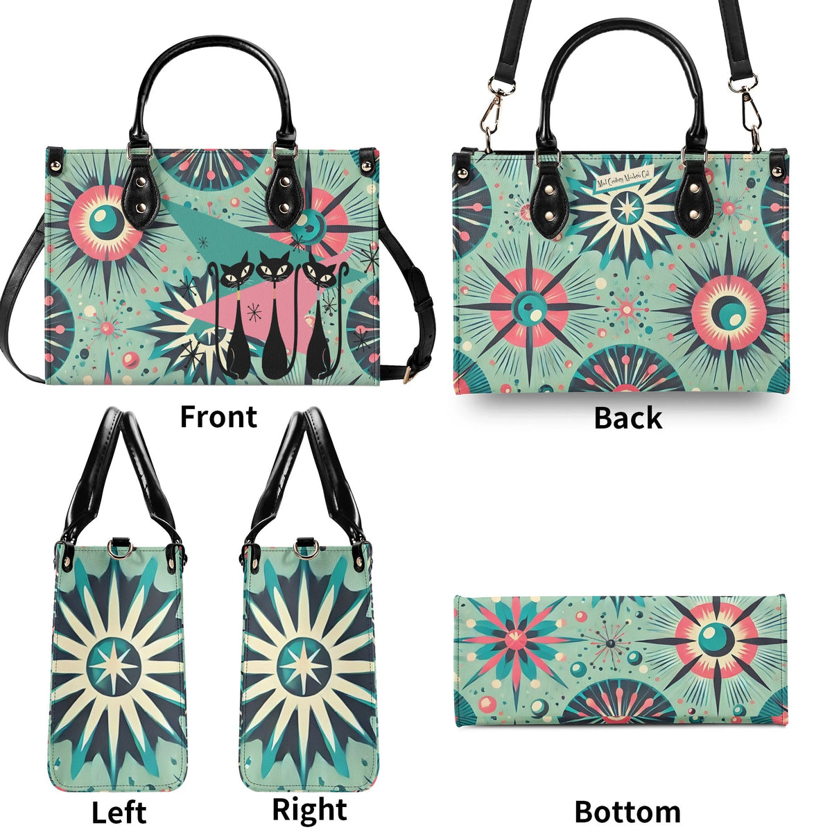 Atomic Style Kitschy Kitties, Mid Century Modern Teal, Pink Kitschy Fun Handbag, Shoulder Bag - Mid Century Modern Gal