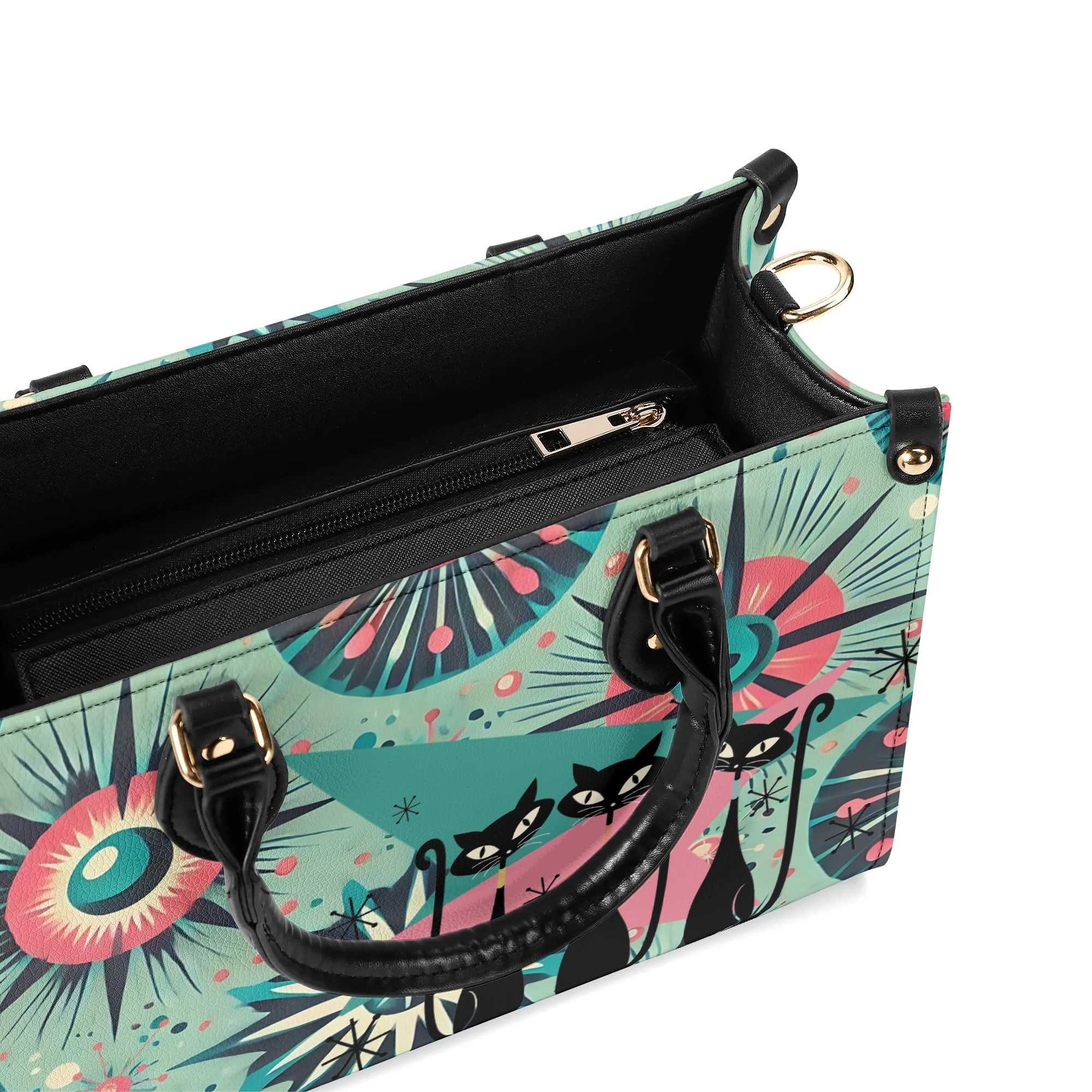 Atomic Style Kitschy Kitties, Mid Century Modern Teal, Pink Kitschy Fun Handbag, Shoulder Bag - Mid Century Modern Gal