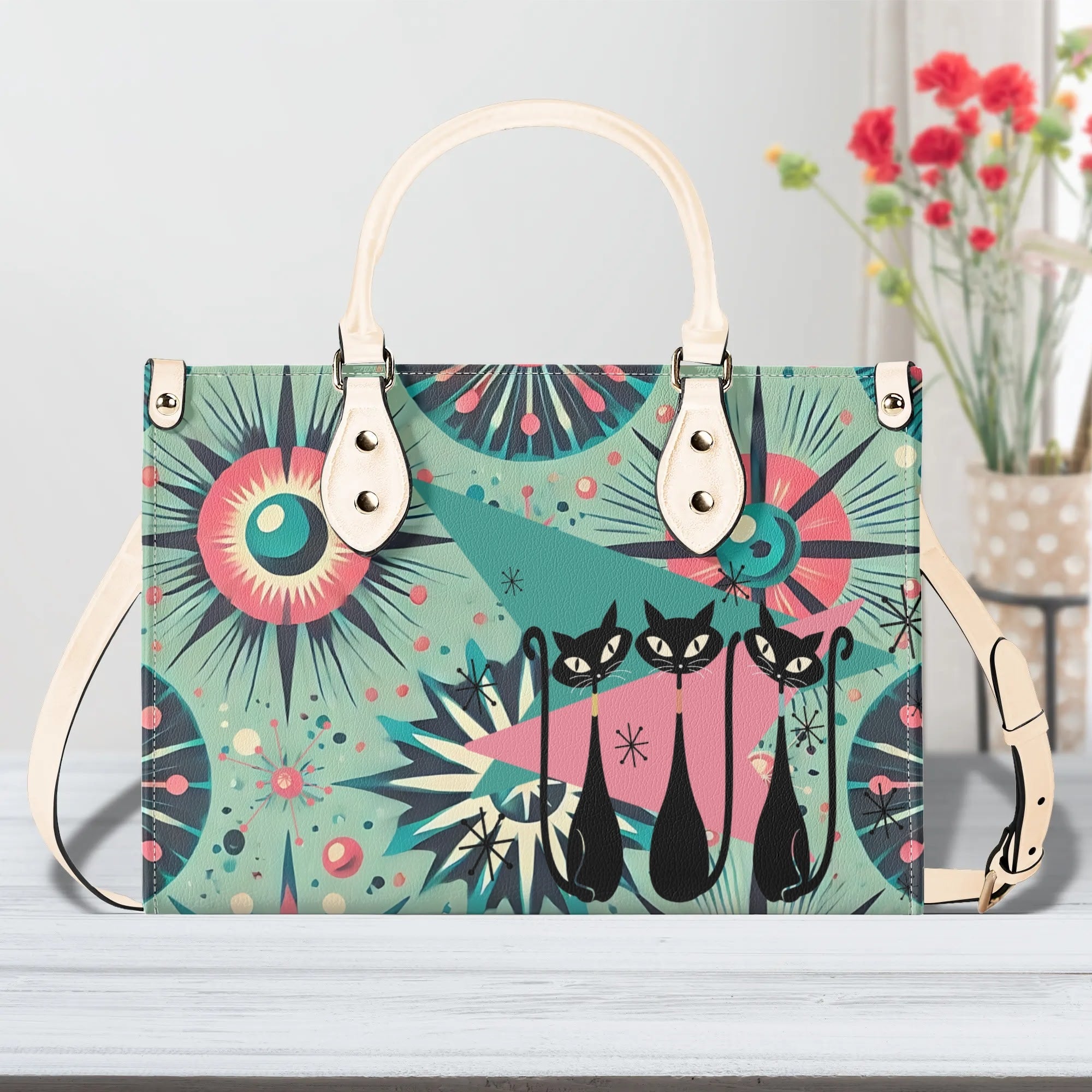 Atomic Style Kitschy Kitties, Mid Century Modern Teal, Pink Kitschy Fun Handbag, Shoulder Bag - Mid Century Modern Gal