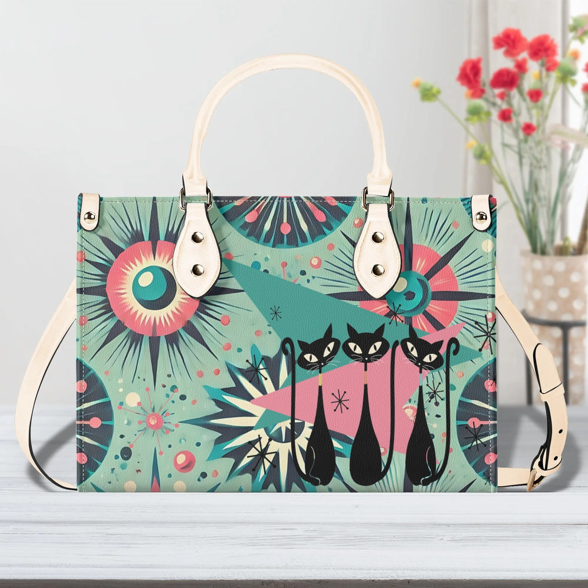 Atomic Style Kitschy Kitties, Mid Century Modern Teal, Pink Kitschy Fun Handbag, Shoulder Bag - Mid Century Modern Gal