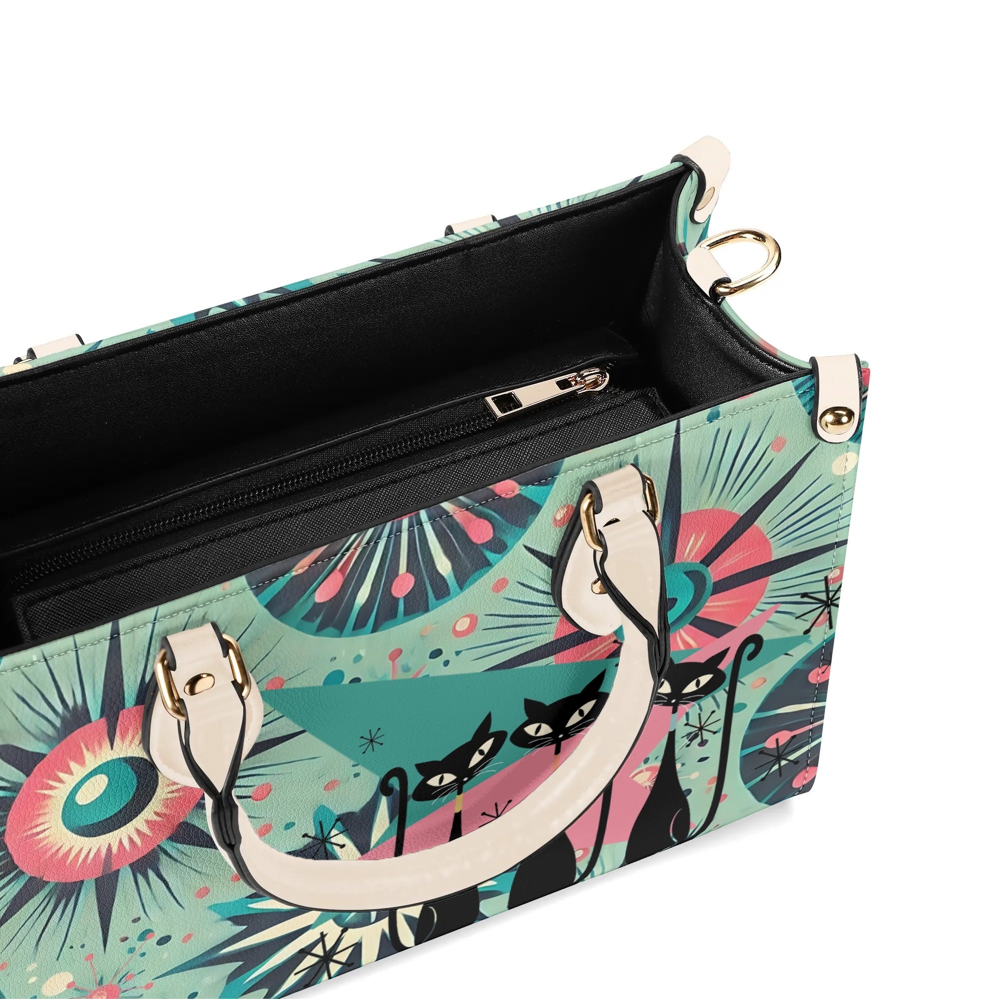 Atomic Style Kitschy Kitties, Mid Century Modern Teal, Pink Kitschy Fun Handbag, Shoulder Bag - Mid Century Modern Gal