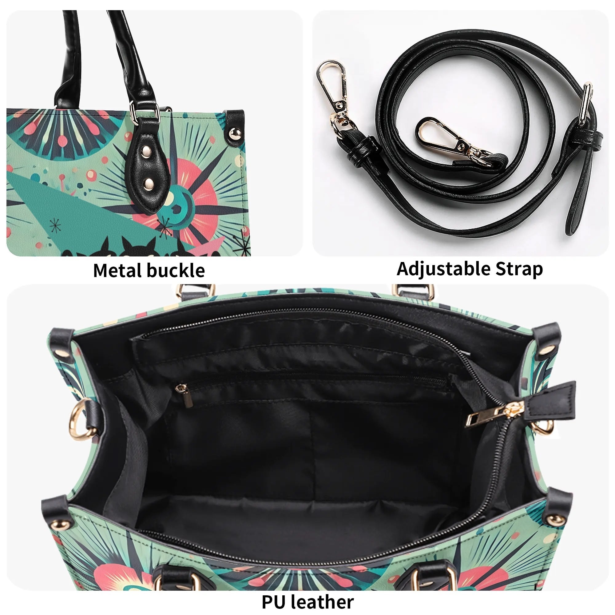 Atomic Style Kitschy Kitties, Mid Century Modern Teal, Pink Kitschy Fun Handbag, Shoulder Bag - Mid Century Modern Gal