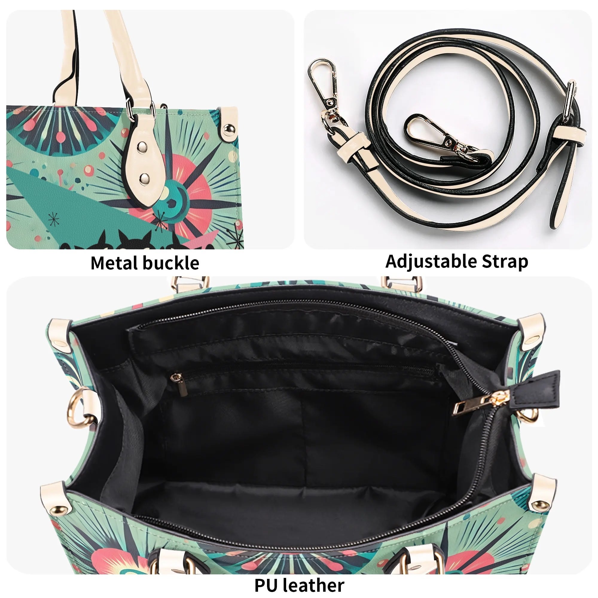 Atomic Style Kitschy Kitties, Mid Century Modern Teal, Pink Kitschy Fun Handbag, Shoulder Bag - Mid Century Modern Gal
