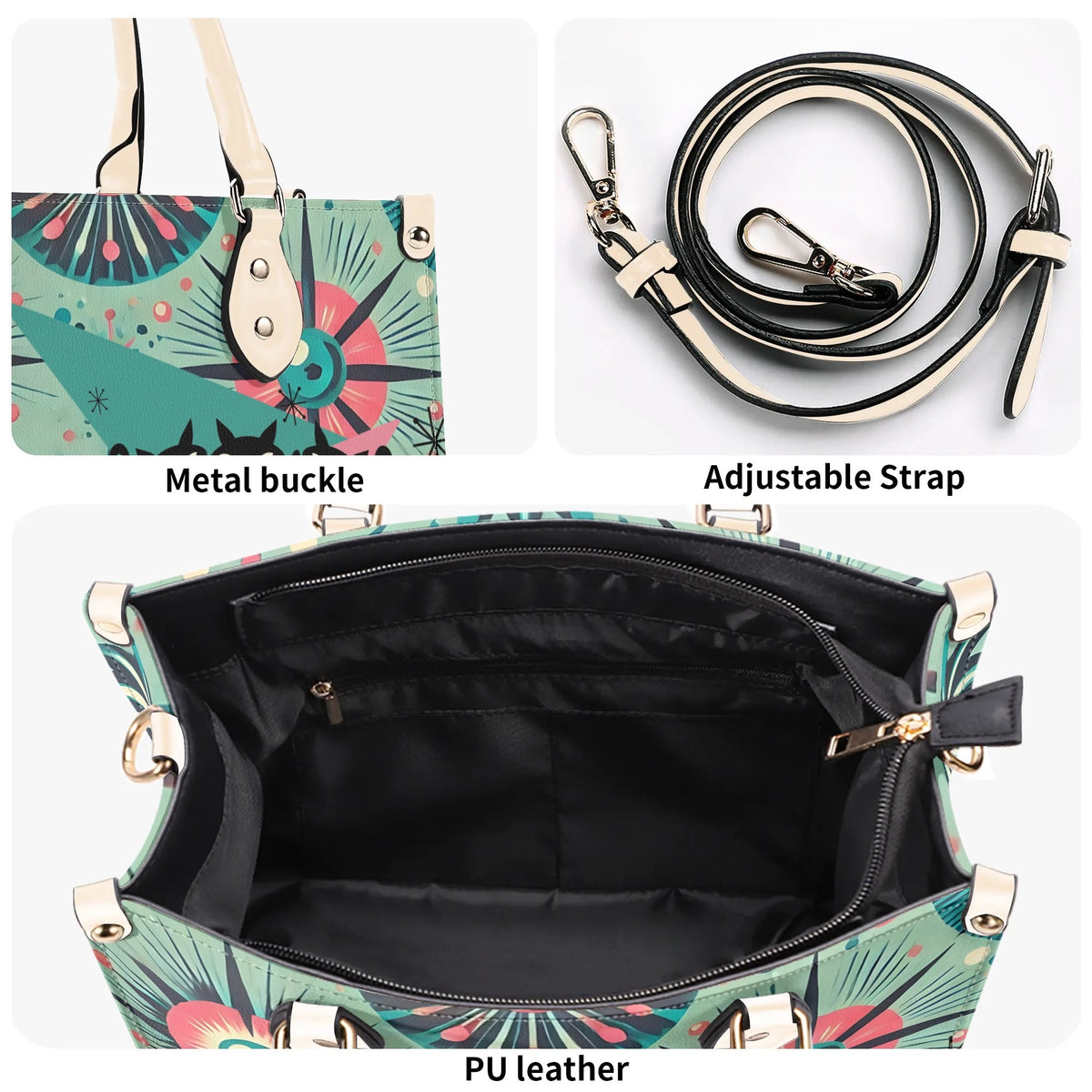 Atomic Style Kitschy Kitties, Mid Century Modern Teal, Pink Kitschy Fun Handbag, Shoulder Bag - Mid Century Modern Gal