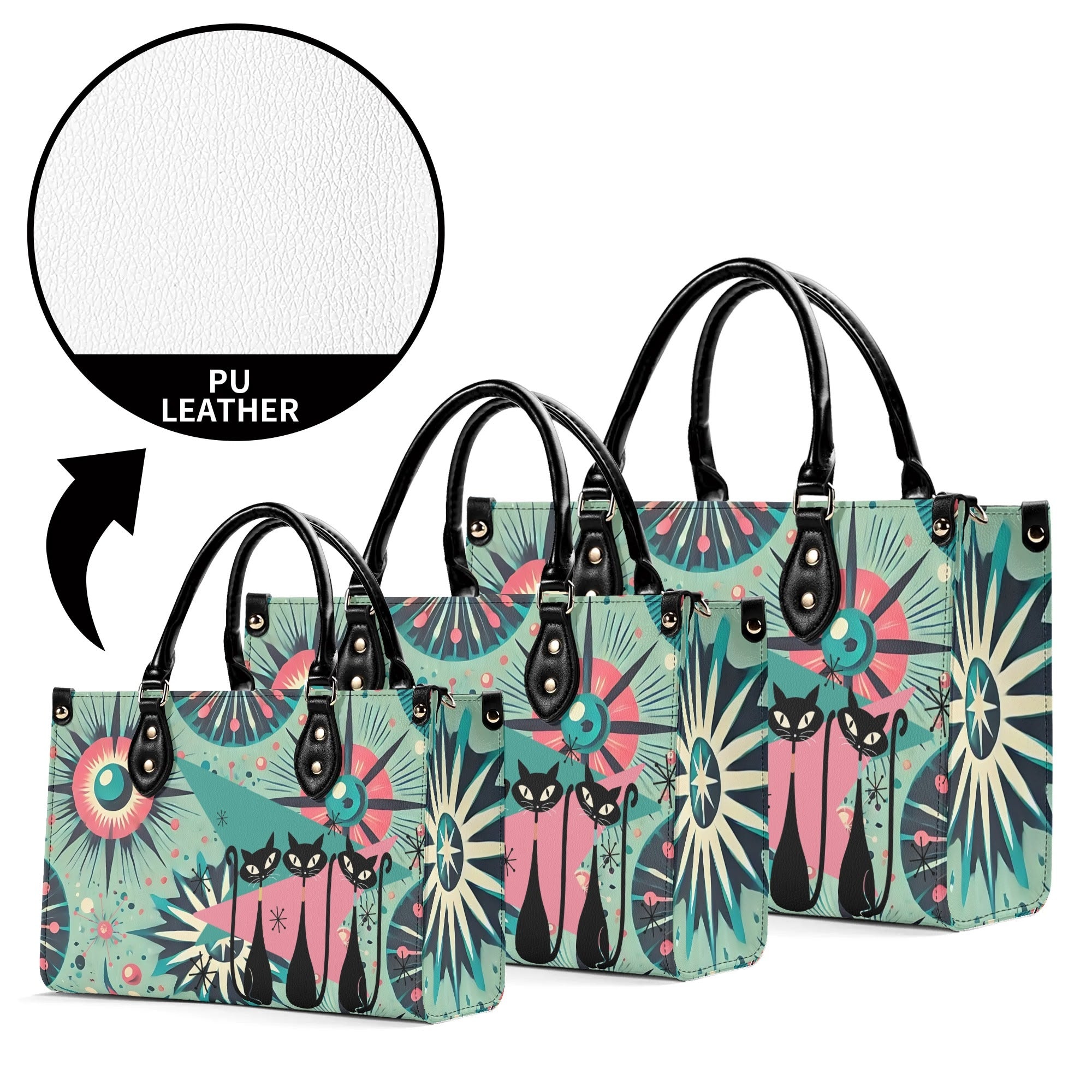 Atomic Style Kitschy Kitties, Mid Century Modern Teal, Pink Kitschy Fun Handbag, Shoulder Bag - Mid Century Modern Gal