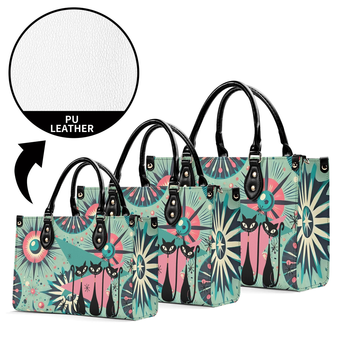 Atomic Style Kitschy Kitties, Mid Century Modern Teal, Pink Kitschy Fun Handbag, Shoulder Bag - Mid Century Modern Gal