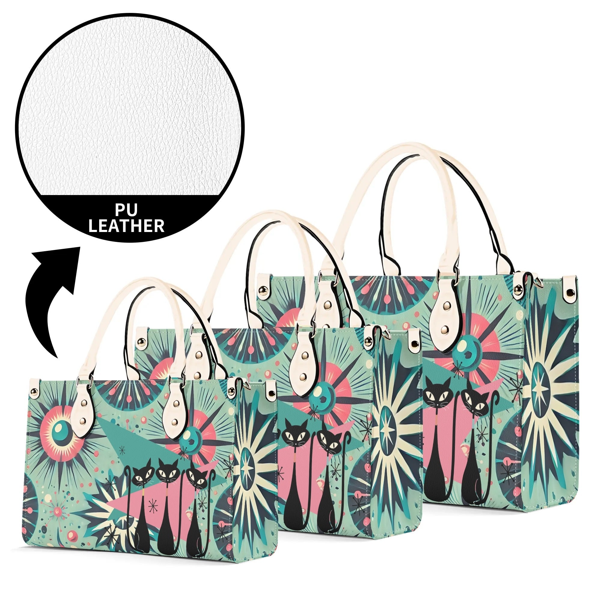 Atomic Style Kitschy Kitties, Mid Century Modern Teal, Pink Kitschy Fun Handbag, Shoulder Bag - Mid Century Modern Gal