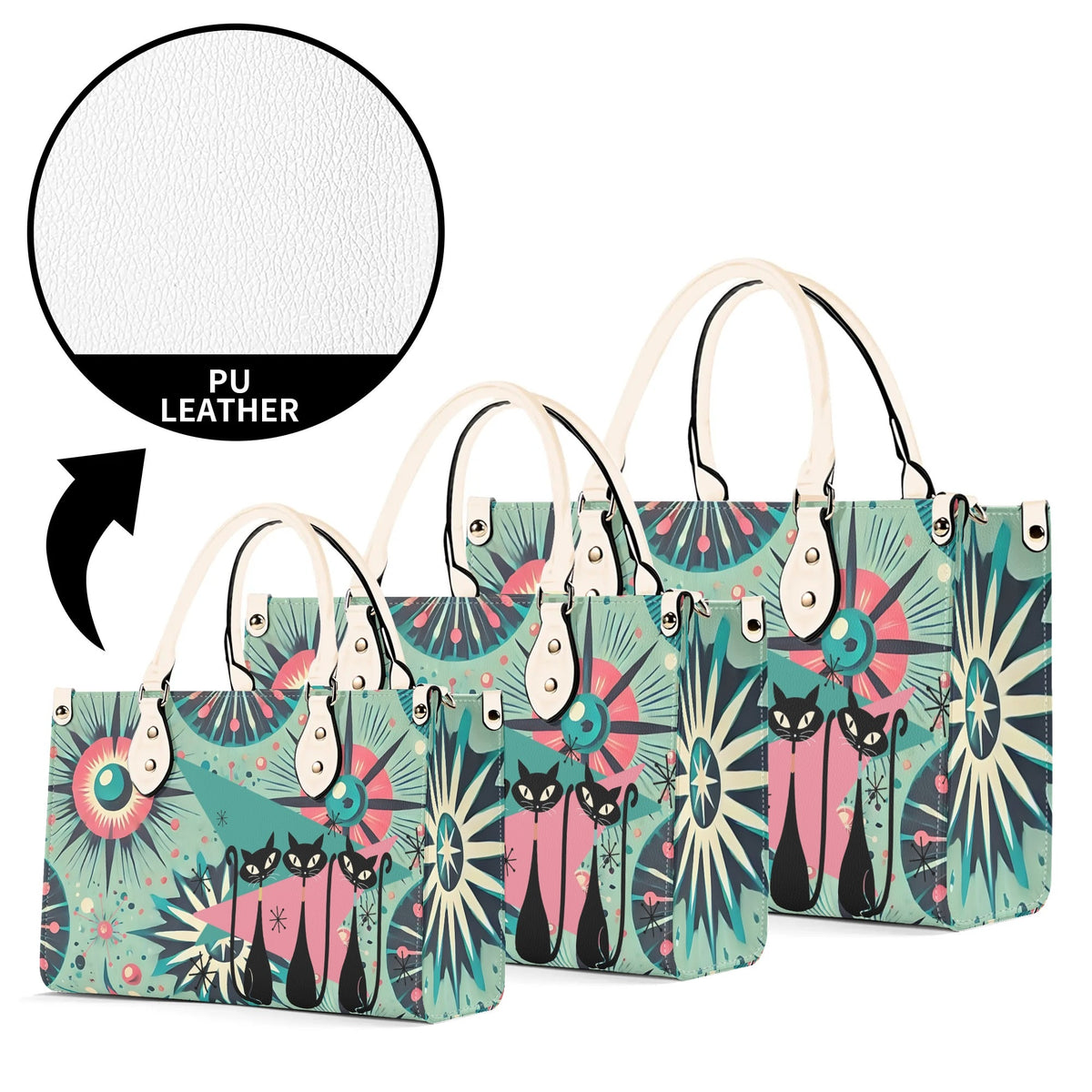Atomic Style Kitschy Kitties, Mid Century Modern Teal, Pink Kitschy Fun Handbag, Shoulder Bag - Mid Century Modern Gal