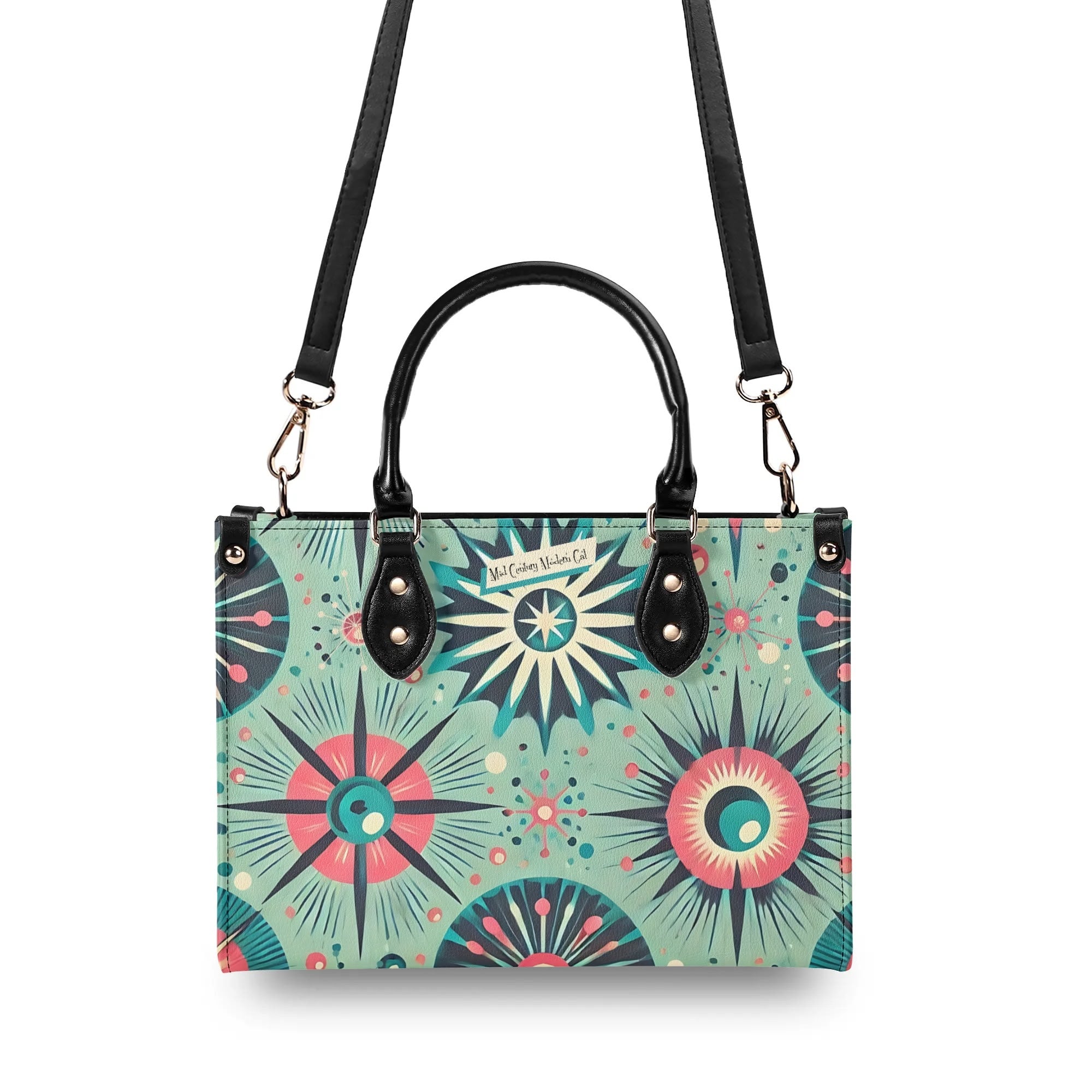 Atomic Style Kitschy Kitties, Mid Century Modern Teal, Pink Kitschy Fun Handbag, Shoulder Bag - Mid Century Modern Gal