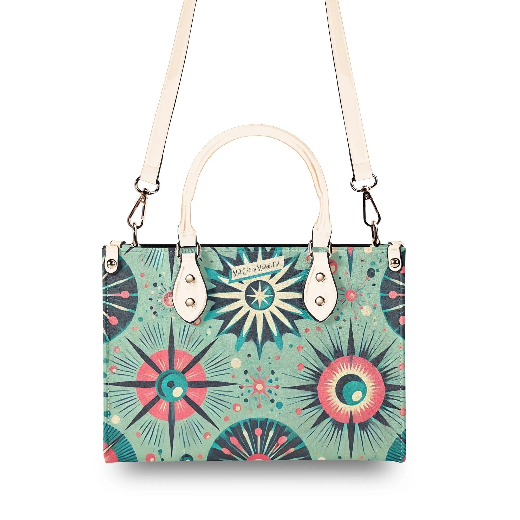 Atomic Style Kitschy Kitties, Mid Century Modern Teal, Pink Kitschy Fun Handbag, Shoulder Bag - Mid Century Modern Gal
