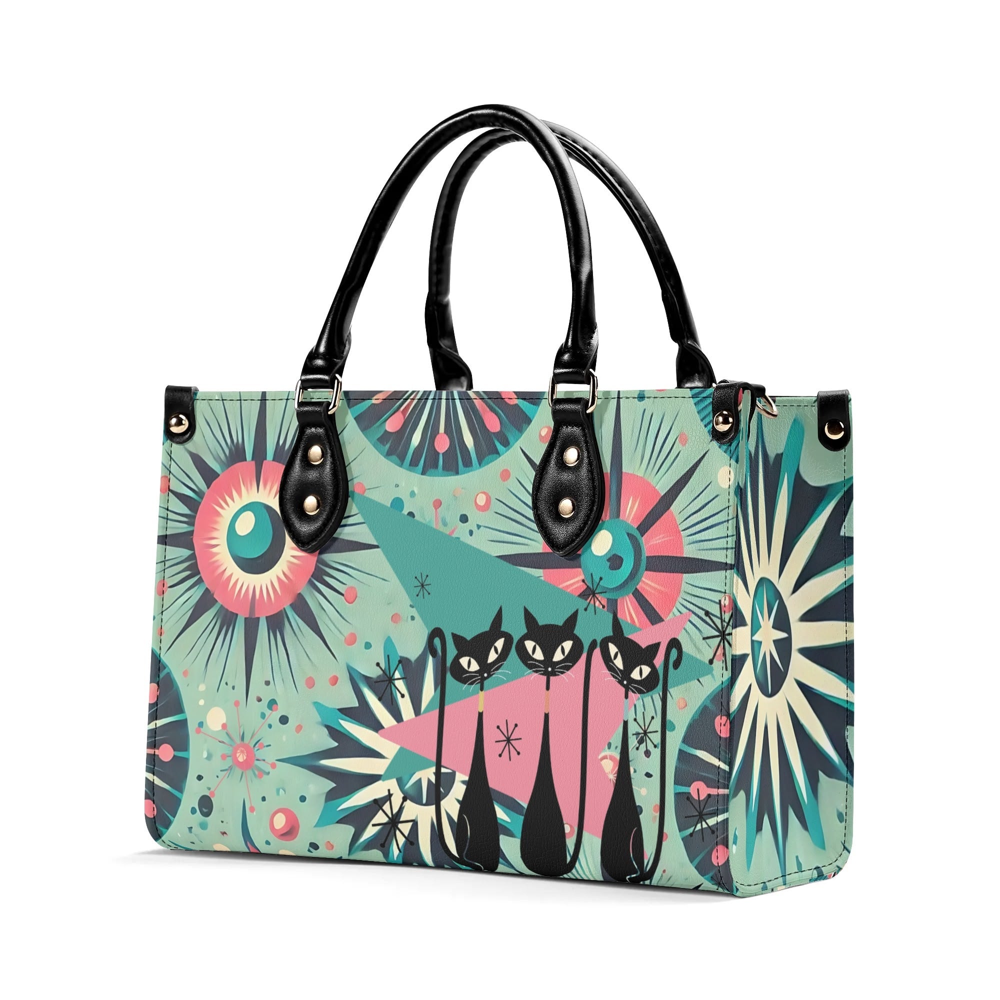 Atomic Style Kitschy Kitties, Mid Century Modern Teal, Pink Kitschy Fun Handbag, Shoulder Bag - Mid Century Modern Gal