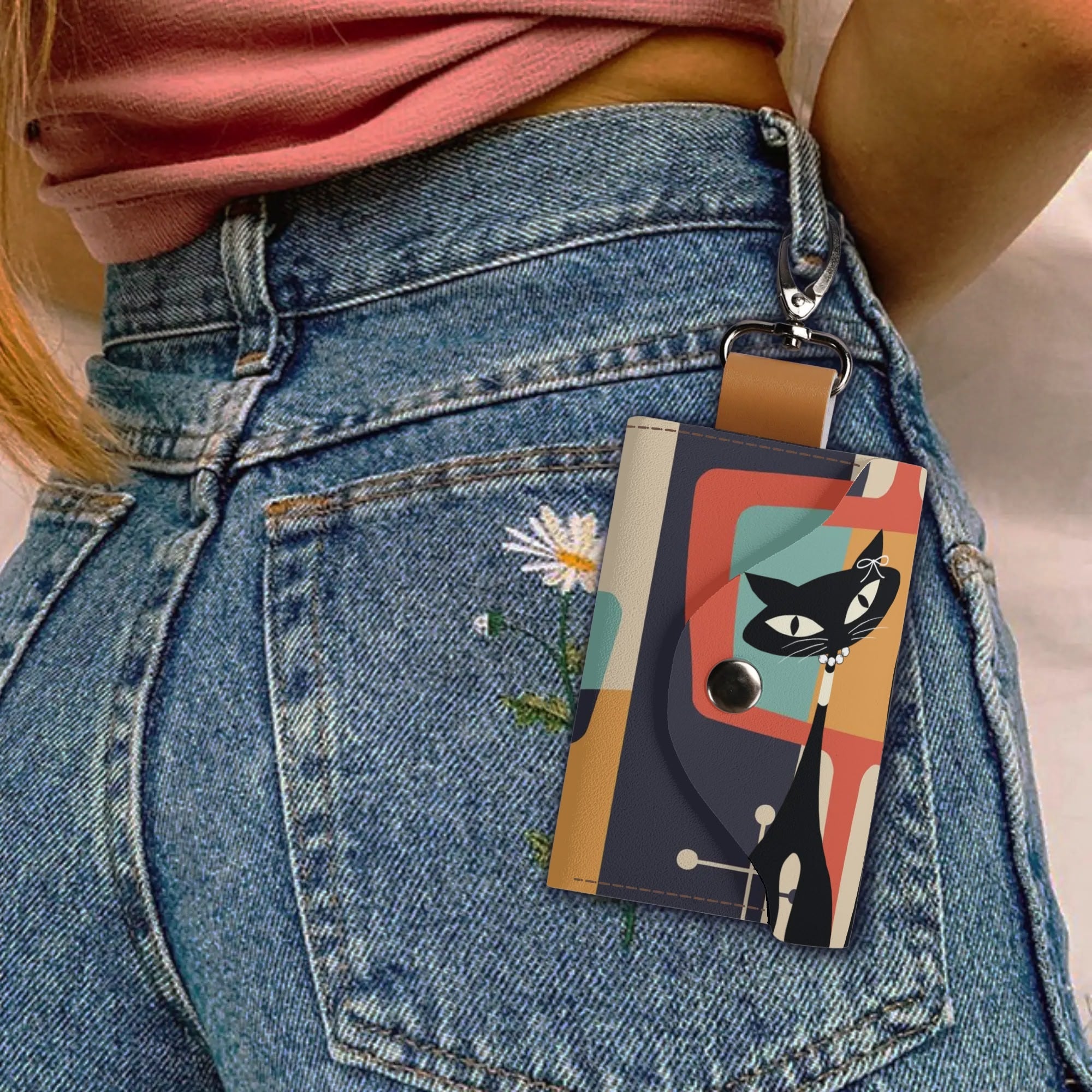Cute Atomic Cat, Key Chain Pocket Purse Key Chain Holder - Mid Century Modern Gal