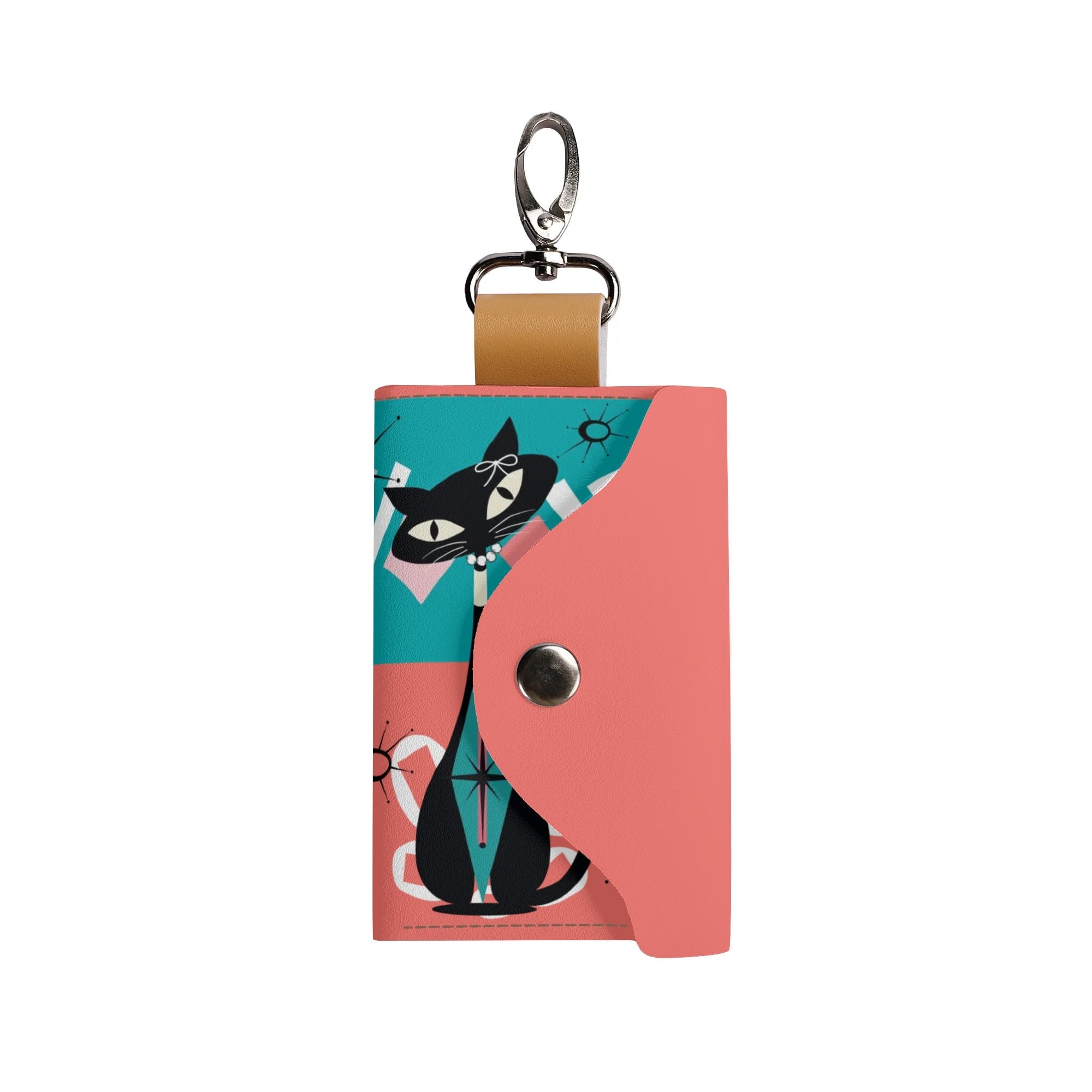 Kitschy Cat Coral Teal Key Chain For Purse, Pocket Holder - Mid Century Modern Gal