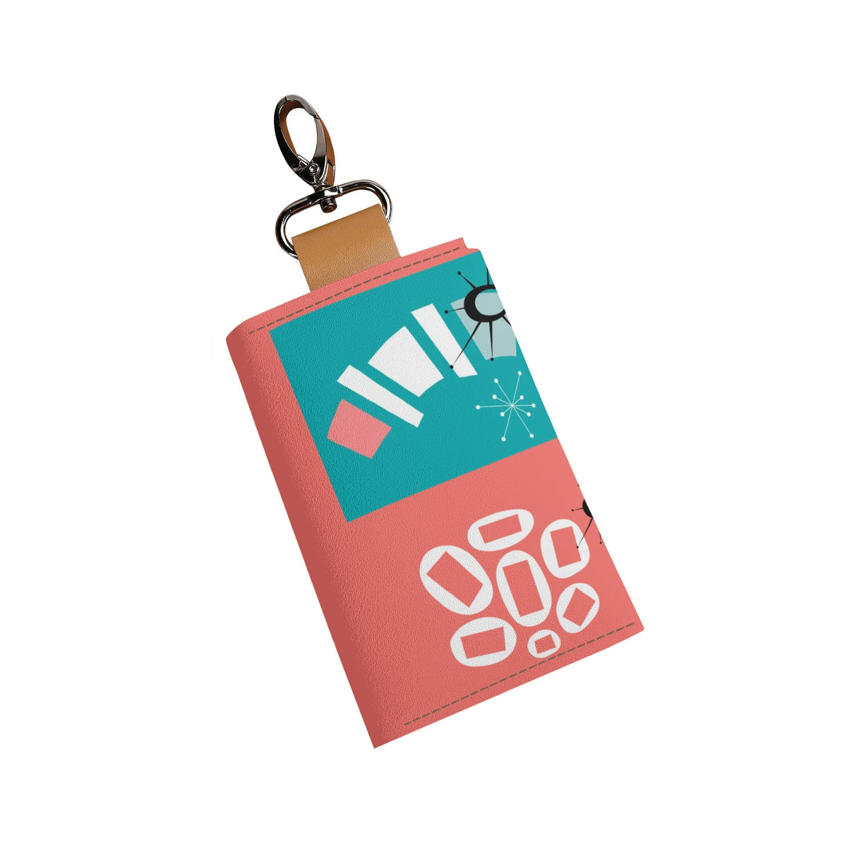 Kitschy Cat Coral Teal Key Chain For Purse, Pocket Holder - Mid Century Modern Gal