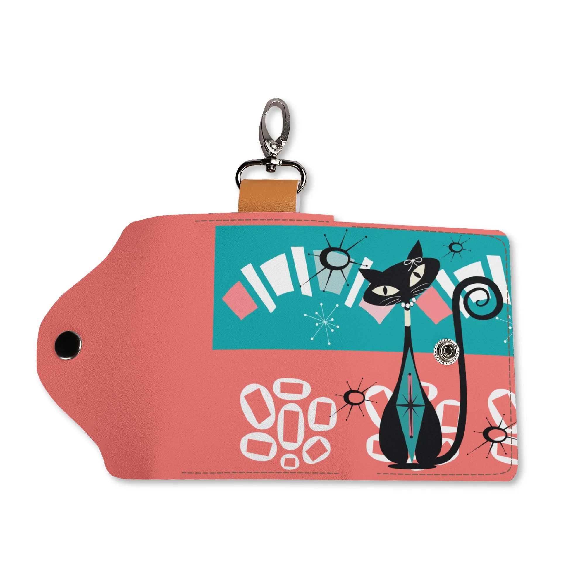 Kitschy Cat Coral Teal Key Chain For Purse, Pocket Holder - Mid Century Modern Gal