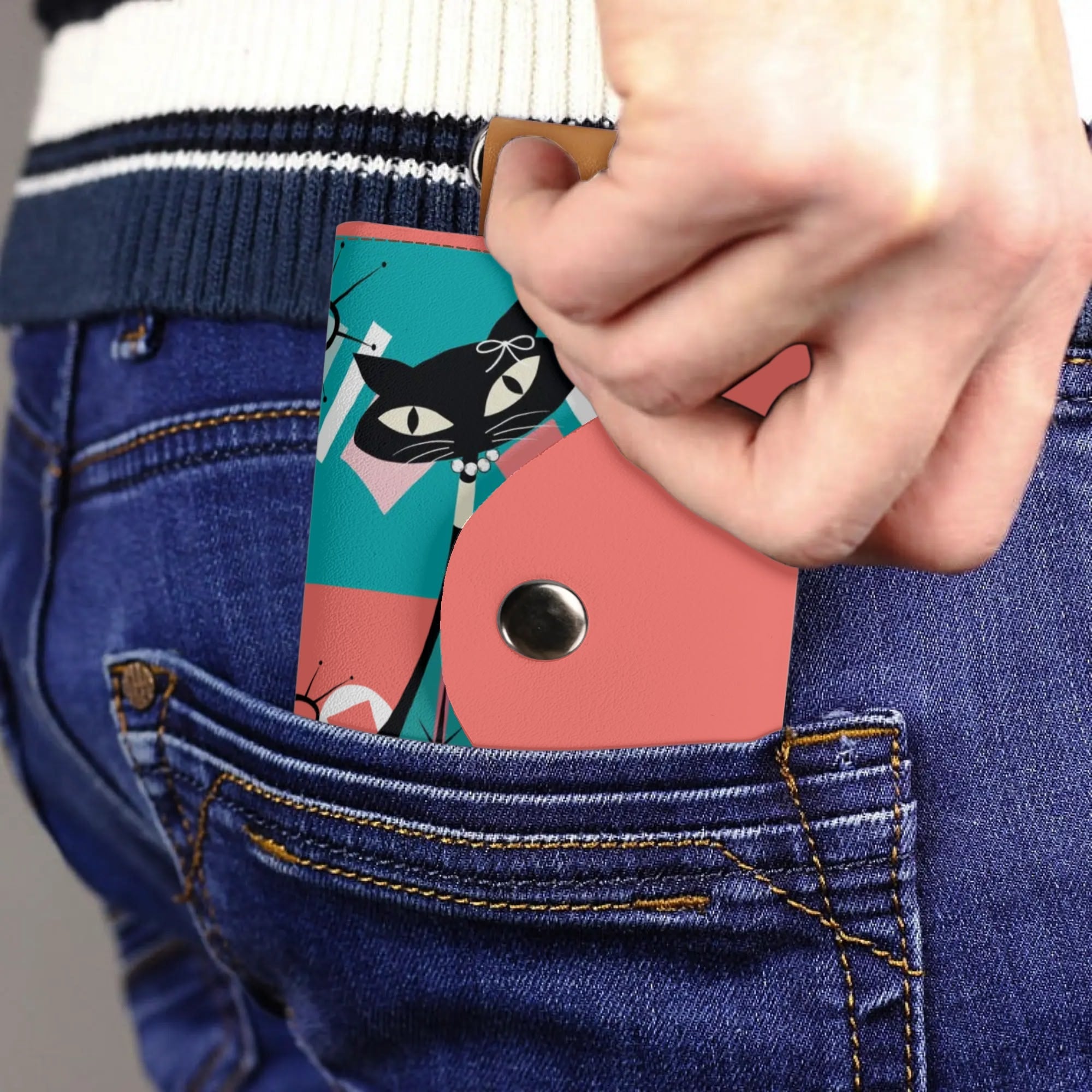 Kitschy Cat Coral Teal Key Chain For Purse, Pocket Holder - Mid Century Modern Gal