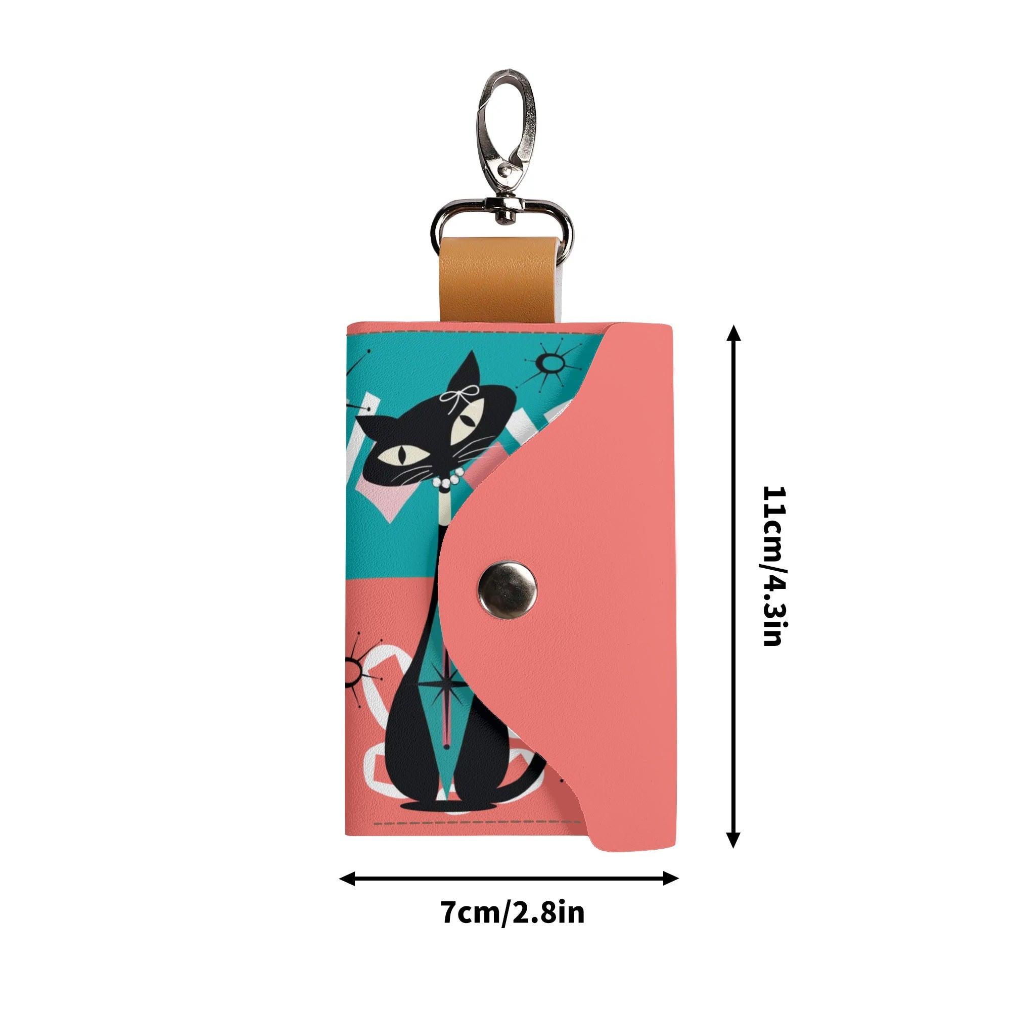 Kitschy Cat Coral Teal Key Chain For Purse, Pocket Holder - Mid Century Modern Gal