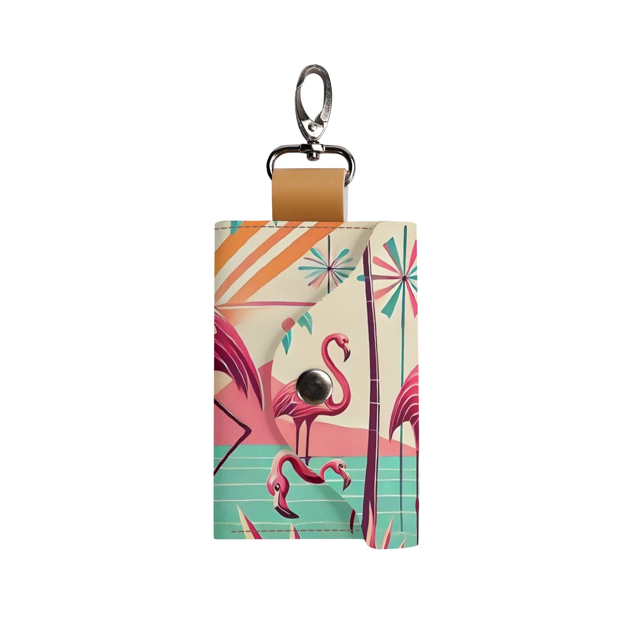 Kitschy Cute Flamingo Palm Springs Cali Style Pocket Purse Key Chain Holder - Mid Century Modern Gal