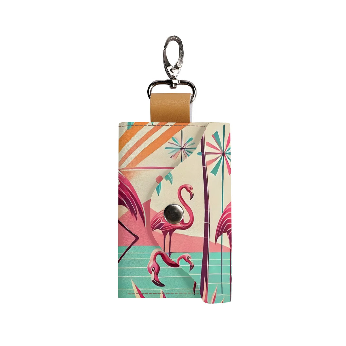 Kitschy Cute Flamingo Palm Springs Cali Style Pocket Purse Key Chain Holder - Mid Century Modern Gal