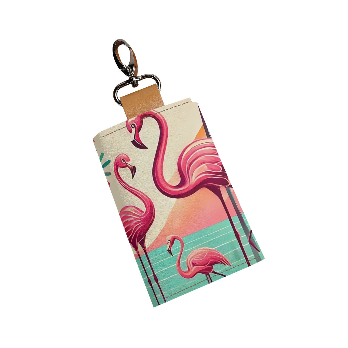 Kitschy Cute Flamingo Palm Springs Cali Style Pocket Purse Key Chain Holder - Mid Century Modern Gal