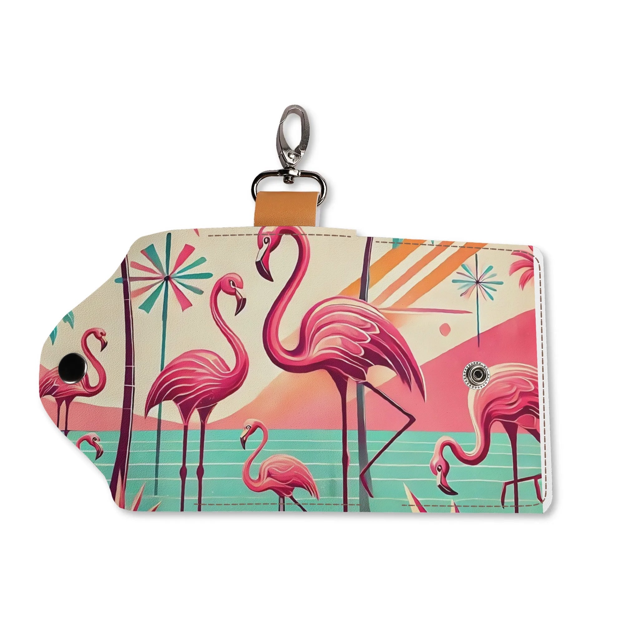 Kitschy Cute Flamingo Palm Springs Cali Style Pocket Purse Key Chain Holder - Mid Century Modern Gal