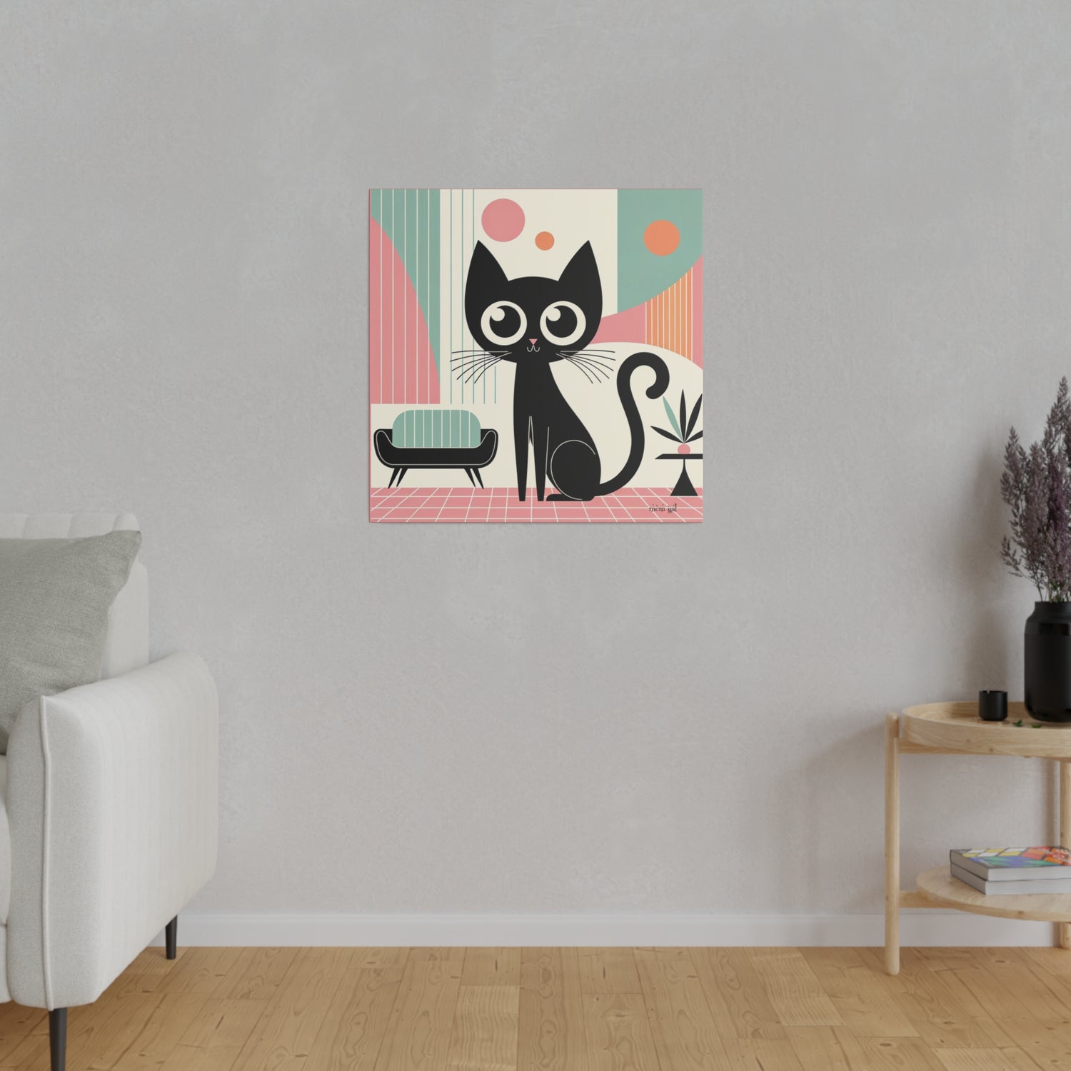 Mid Century Modern Atomic Kitty Cat, Pink, Kitschy Mod Matte Canvas - Mid Century Modern Gal