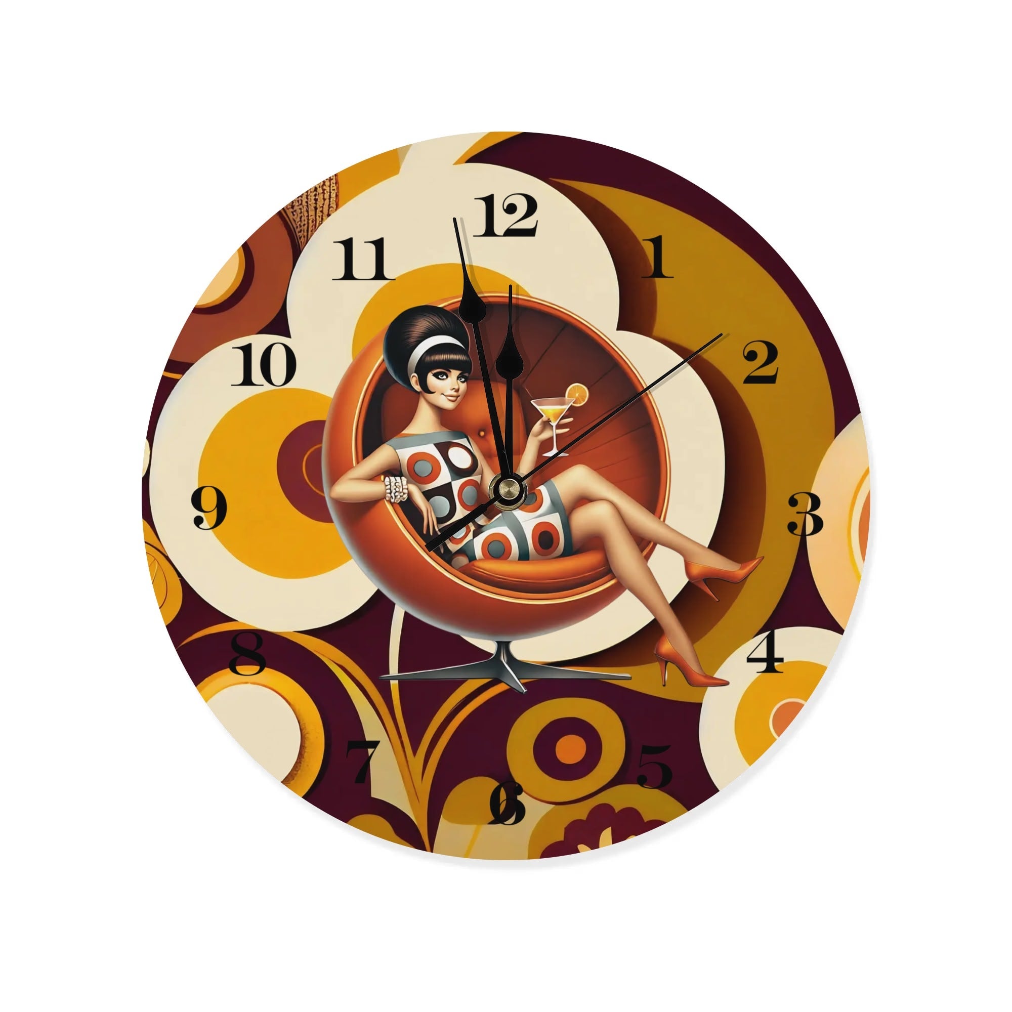 60s Mod Gal Flower Power Retro Large Wooden Clock - Mid Century Modern Gal
